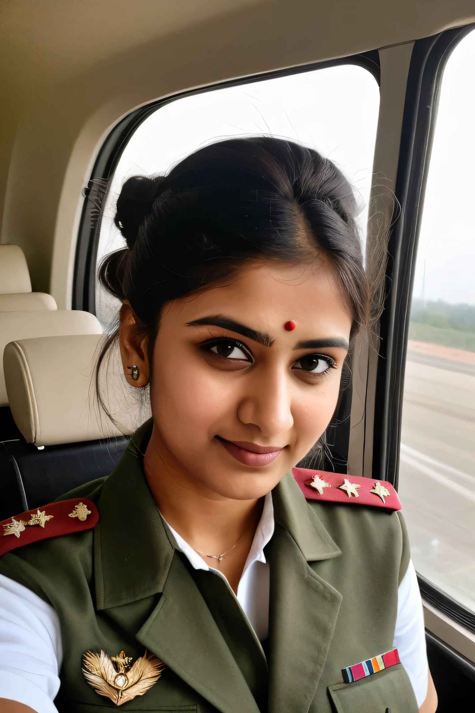 cute indian pilot in military uniform hair in bun