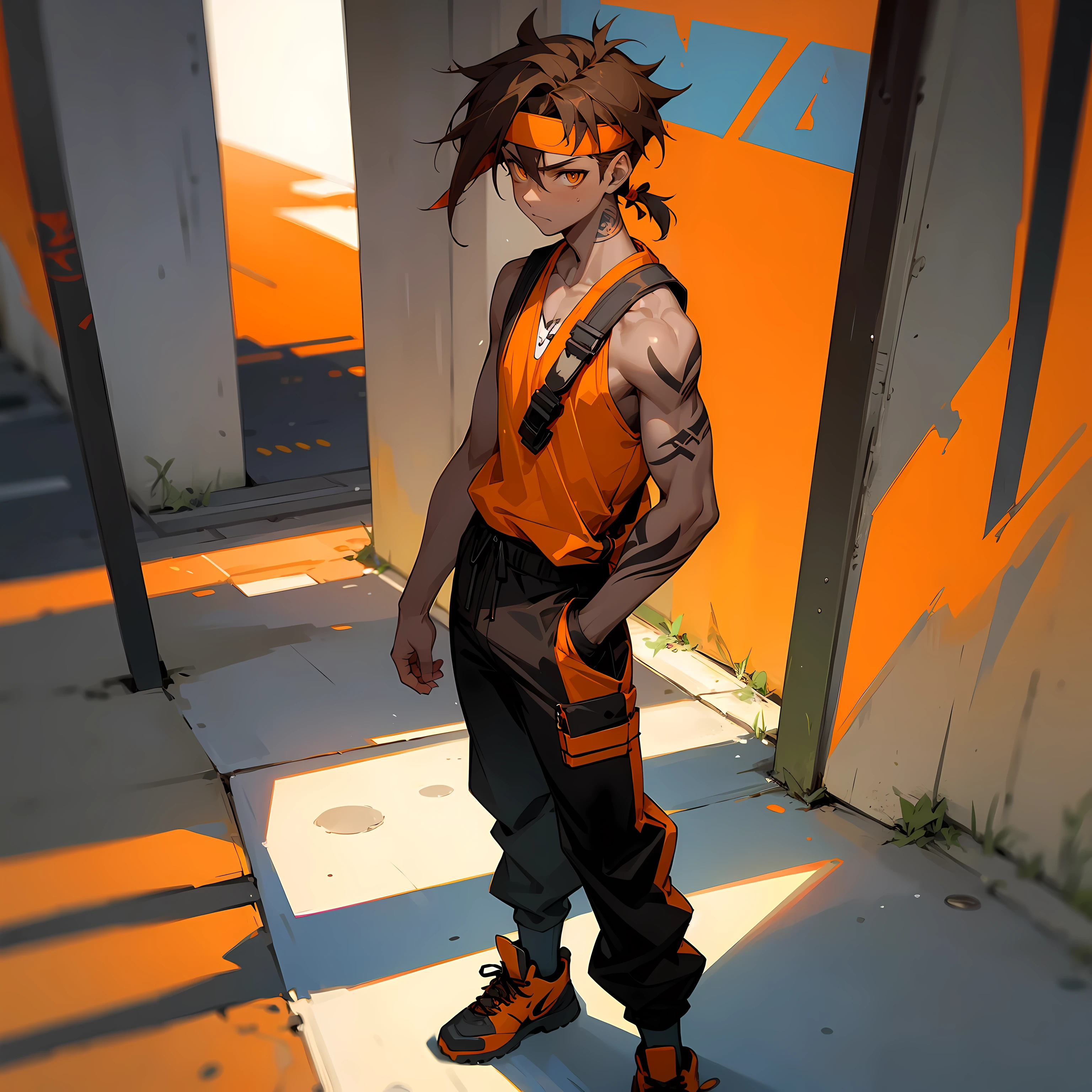 short dreaded hair, torn orange sleeveless shirt, young male, golden eyes, morning, Two tone hair, pale brown and dark brown hair color, undercut hair, multicolored hair, street level background, caramel skin tone, katana backpack, red jordans, dark skin, black nike pants, standing still, arms in pockets, muscular, black nike headband, full arm tattoos, left arm tattoo, looking at camera