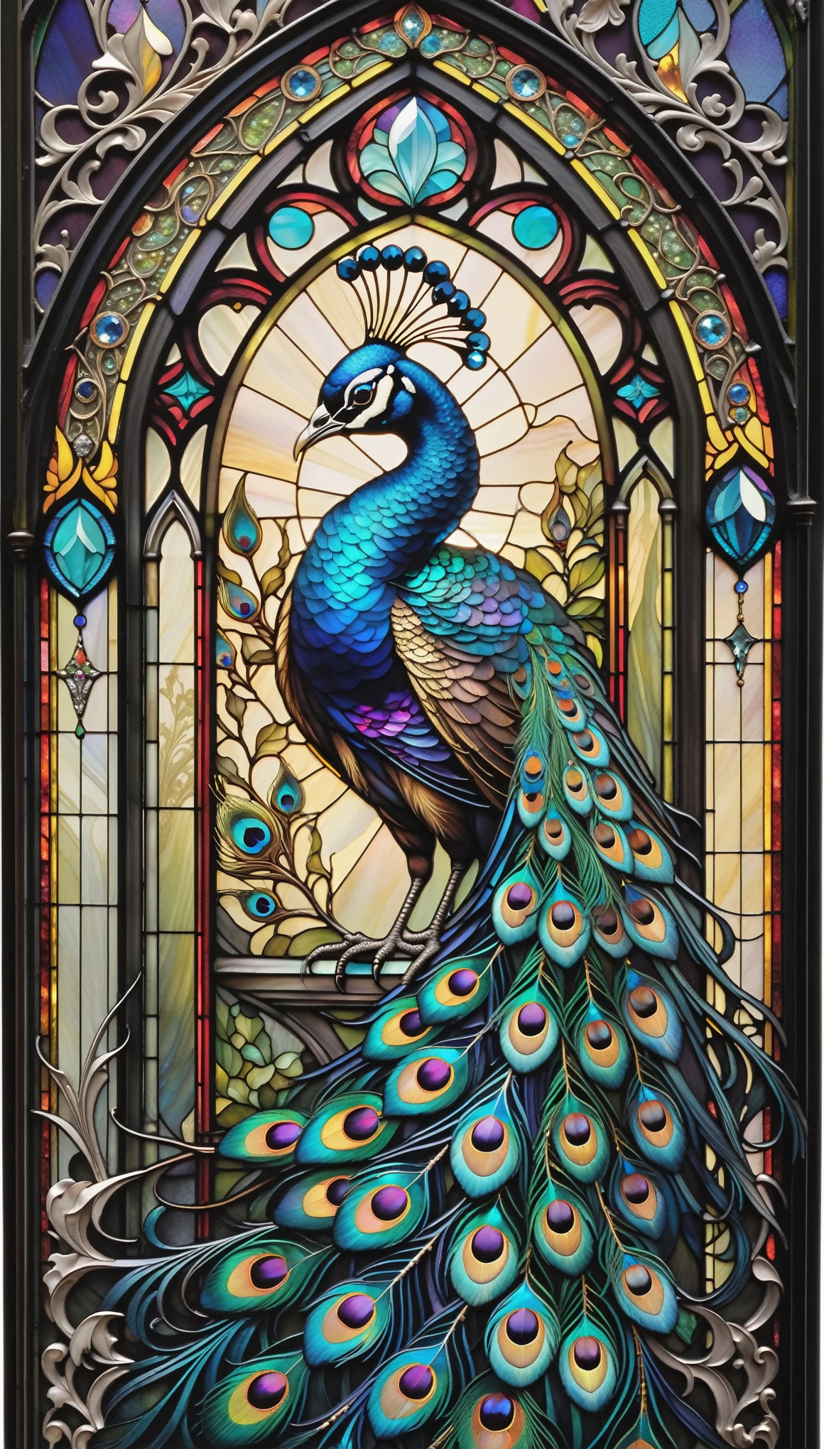 Gothic stained glass art style, mystic peacock, triadic colors, baroque, Craola, highly detailed stained glass, crystals, labradorite iridescent crystals, Andy Kehoe, John Blanche, complex highly detailed background, fantasy, filigree, filigree detailed, intricated