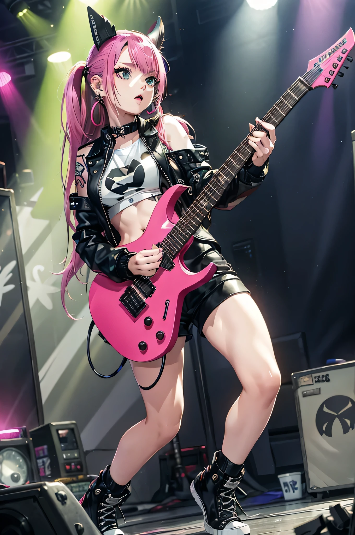 realistic:1.2, Rocker girl wearing a leather jacket,slim body shape、Normal bust size、 highly realistic photograph,  full body shot, １2 electric guitars, clothes with spikes,white tank top、Navel exposure、Low-rise leather shorts,tattoo,earrings dark lipstick, blue eyes,pink twintail hair,black ribbon, beautiful and perfect legs, confident look, punk style ,dynamic pose, dynamic lighting, colorful stage,colorful stage lights,