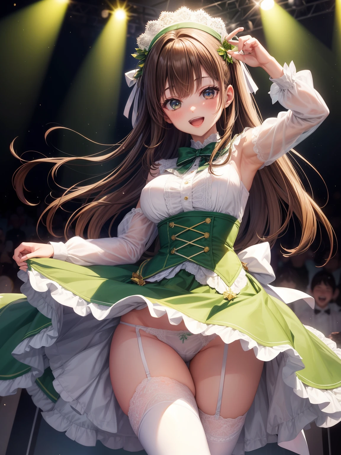 highest quality、All limbs、full finger、Slender beauty、straight hair、brown hair、Dereste、green, 白とgreenのアイドル衣装、high socks、beautiful big breasts、live stage、sing、dancing、big smile、(white horizontal lace panties:1.1), skirt lift, show off panties