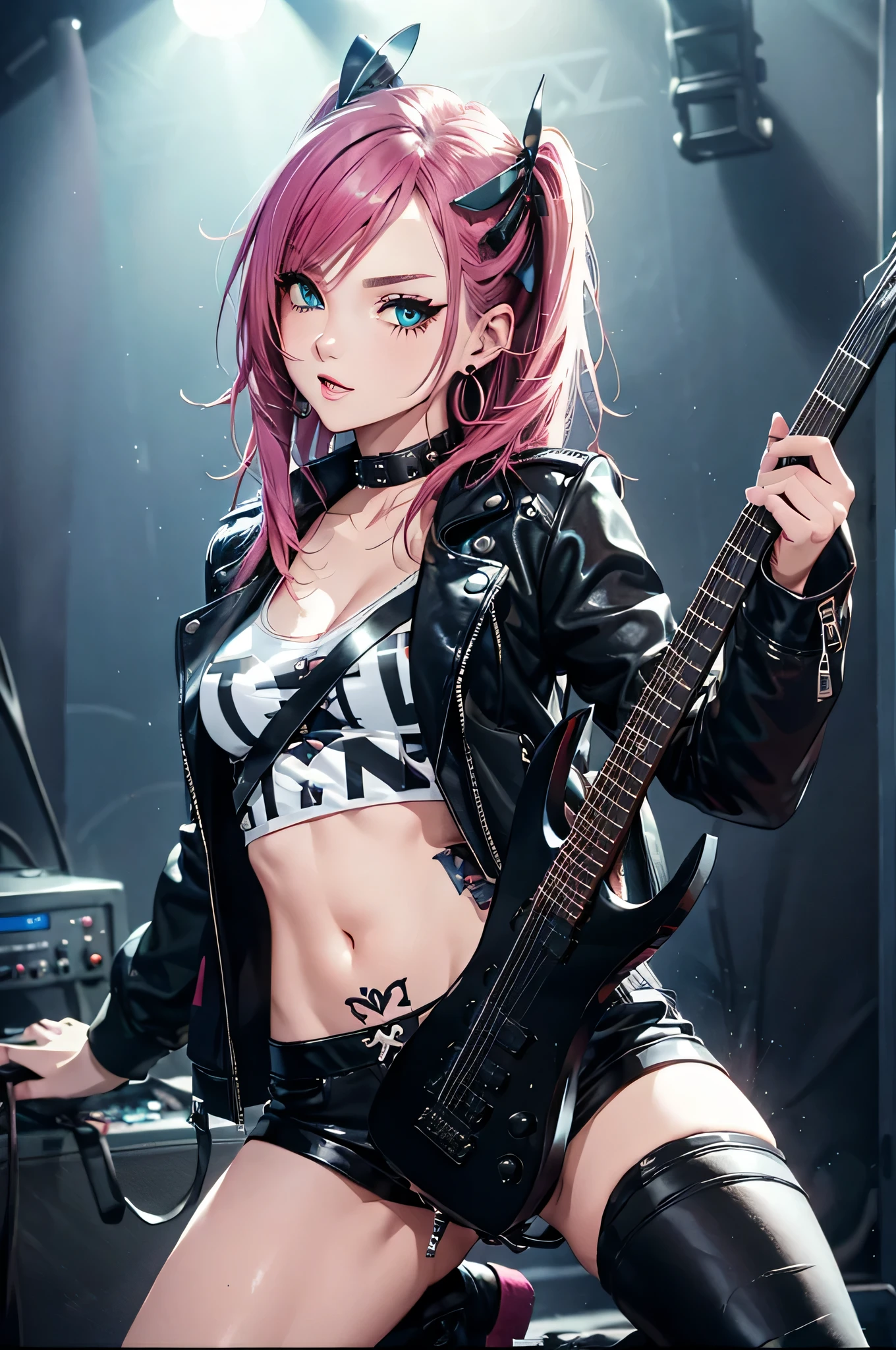 realistic:1.2, Rocker girl wearing a leather jacket,slim body shape、Normal bust size、 highly realistic photograph, full body shot, 12 electric guitars, clothes with spikes,white tank top、Navel exposure、Low-rise leather shorts,tattoo,earrings dark lipstick, blue eyes,pink twintail hair,black ribbon, beautiful and perfect legs, confident look, punk style ,dynamic pose, dynamic lighting, colorful stage,colorful stage lights,