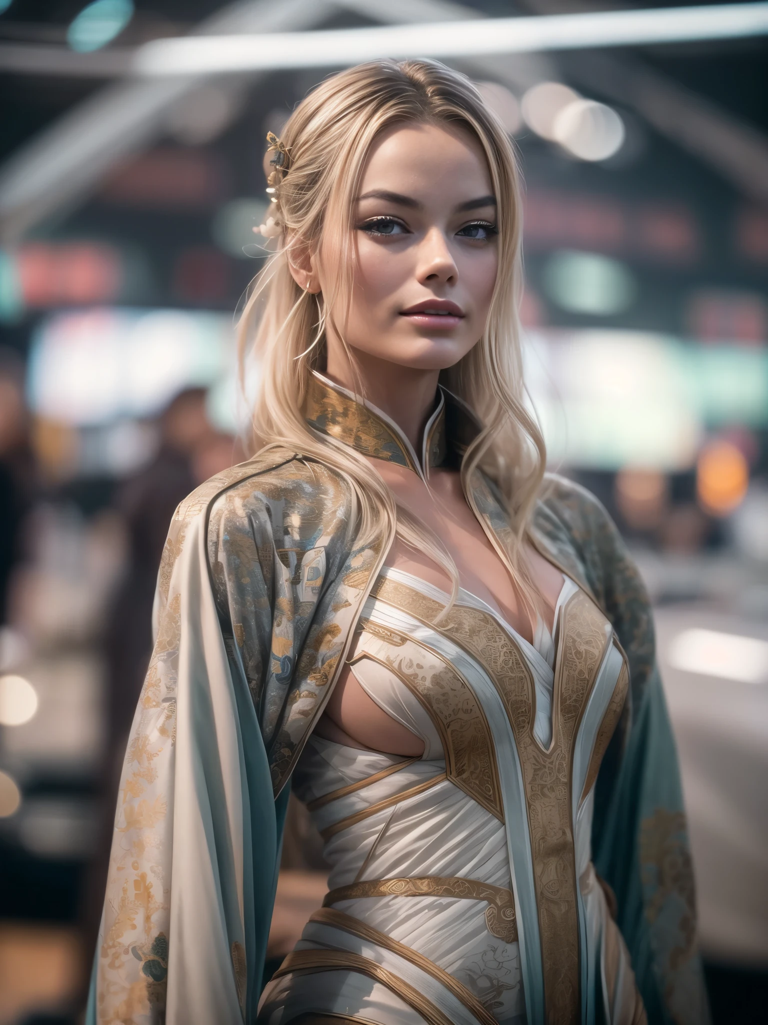 high resolution, work of art, high qualiy, face perfect, Peyton List (cobra kai) cosplay de heroina estilo marvel , hair long blonde, tiara, armors,big boobies , shield in hand detail on face