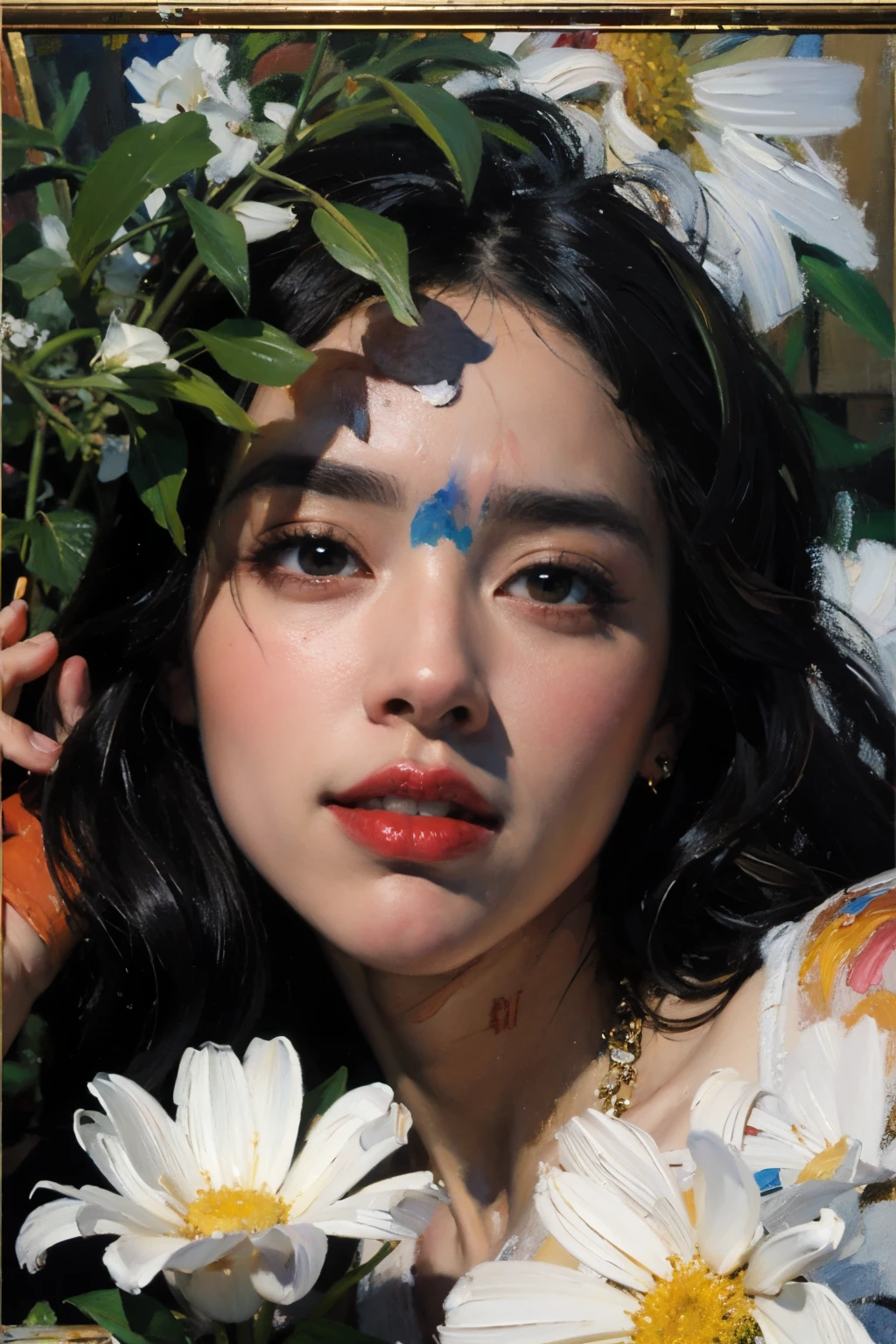 (oil painting:1.5),amber heard,
\\
a woman with long black hair and white flowers in her hair is laying down in a field of white flowers, (amy sol:0.248), (stanley artgerm lau:0.106), (a detailed painting:0.353), (gothic art:0.106)
