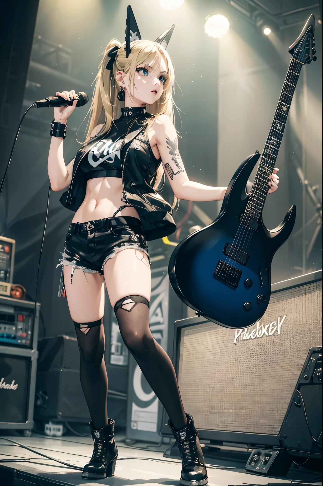 realistic:1.2, Rocker girl wearing a leather jacket,slim body shape、Normal bust size、 highly realistic photograph,  full body shot, １two electric guitars, clothes with spikes,white tank top、Navel exposed、low rise leather shorts,tattoo,earrings dark lipstick, blue eyes,blonde twintail hair,black ribbon, beautiful and perfect legs, confident look, punk style ,dynamic pose, dynamic lighting, brightly colored stage,colorful stage lights,