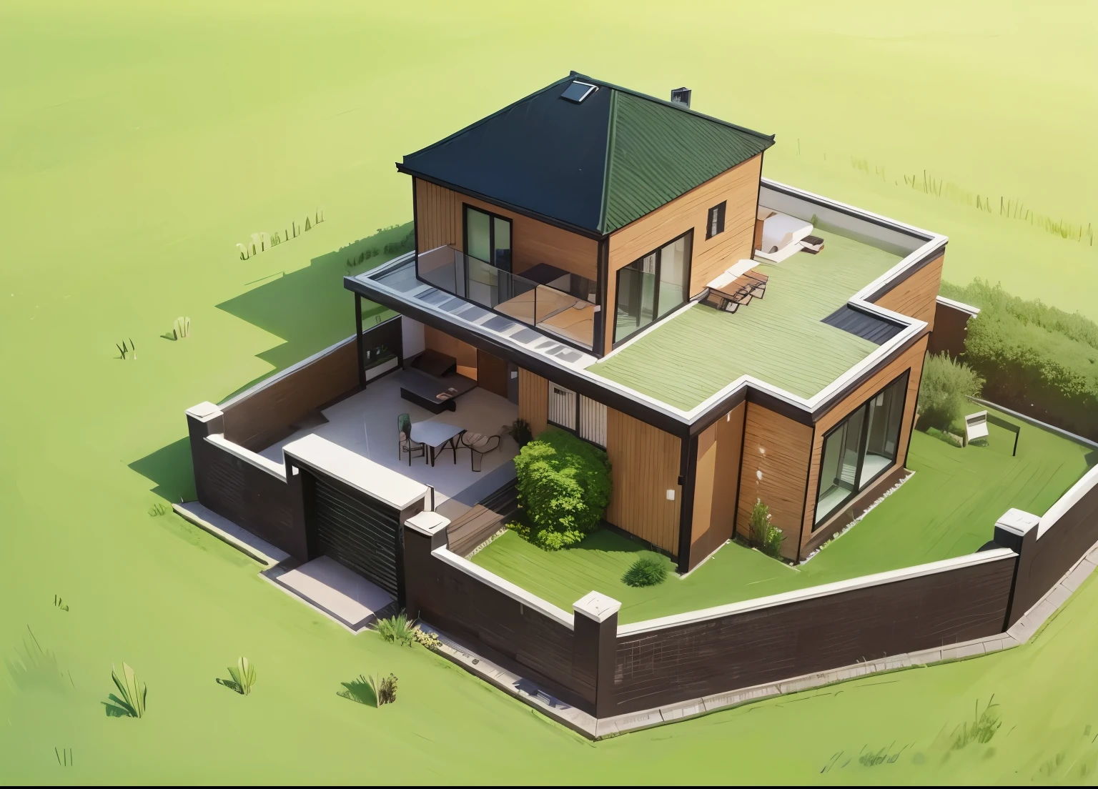 modern house, alone, grass, field, green
