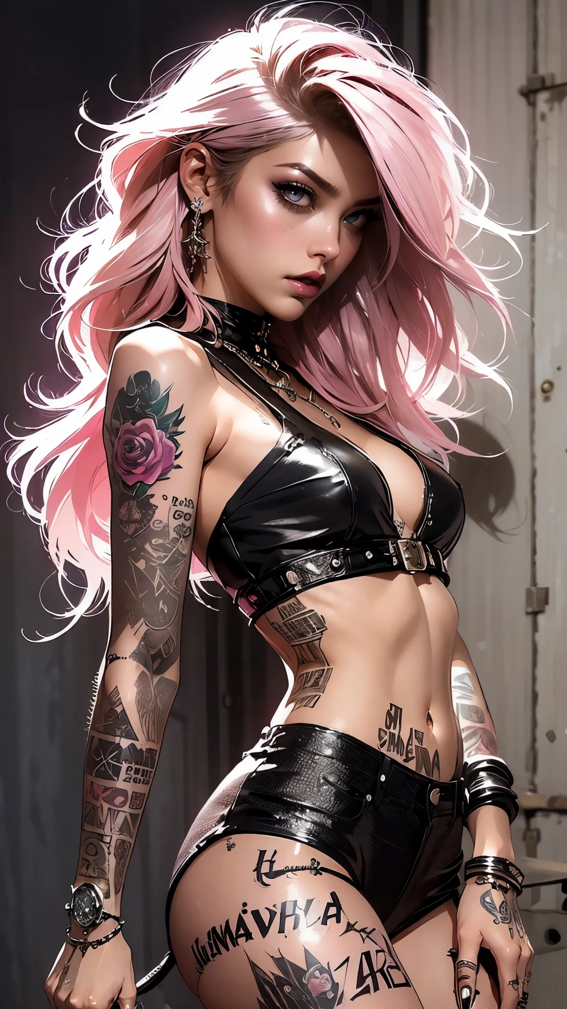 (((Of the highest quality: 1.4))),(incomparable masterpiece ever), (ultra high definition),(CG ultrarrealista de 8k), arte oficial、 (((cuerpo adulto))), (((1 chica en))), ((( bob de pelo corto ))), Chica punk con un cuerpo perfecto, Chaqueta con espinas de metal.,Rostro bonito y bien cuidado.,,Moda punk detallada,chaquetas de cuero, (Imagen de la cabeza al muslo.),((Pink bob de pelo corto )), Small leather panties, El estilo salvaje urbano de Simon Bisley,Fondo detallado de la calle de Londres,Abdominales limpios, Complex graphics, rosa oscuro con estrellas blancas y rayas grises y blancas,,,, (( Muchos tatuajes venenosos )), piercings,