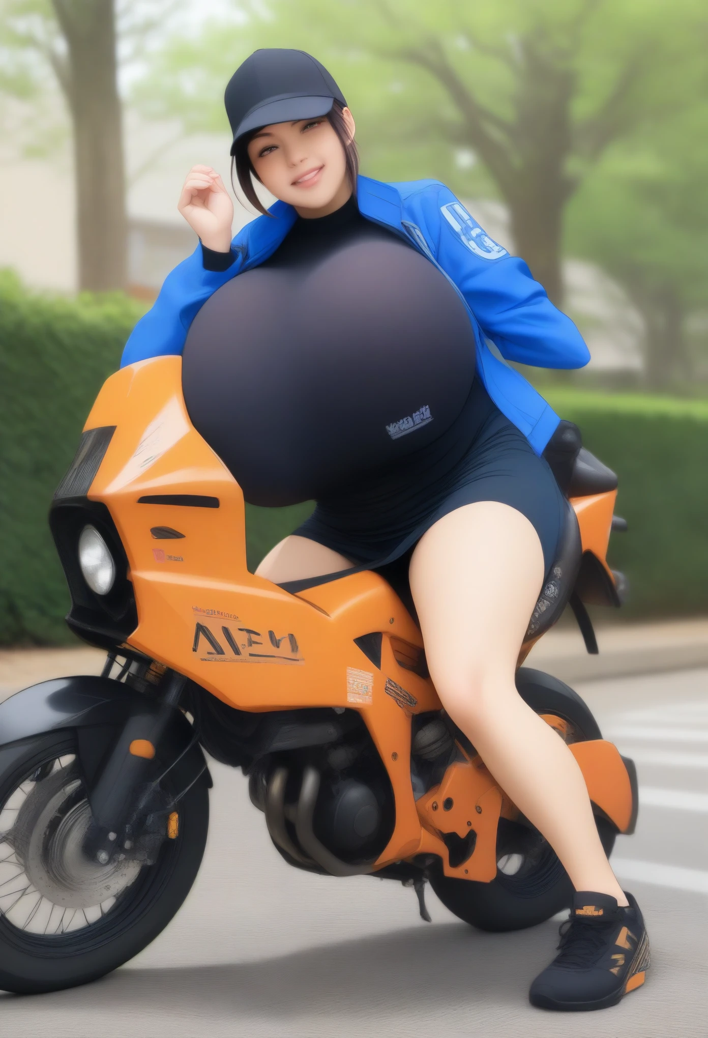 (masterpiece, best quality:1.2), Miniskirt police on a bike, giga_busty