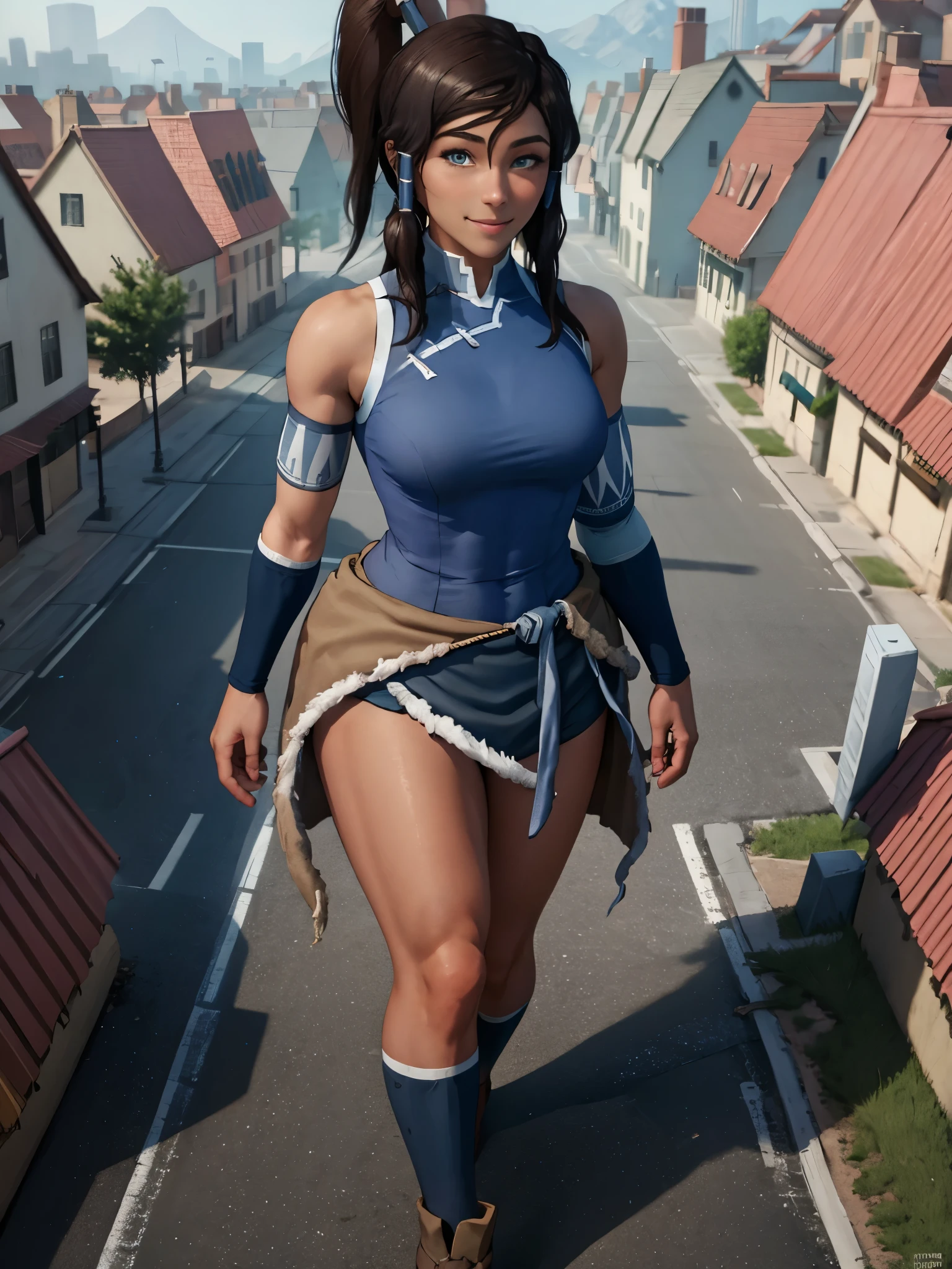 (masterpiece, best quality: 1.2), giantess, solo, 1girl, korra, dark skin, dark-skinned woman, smile, looking at viewer, ponytail, hair tubes, sleeveless, bare shoulders, walking through the village