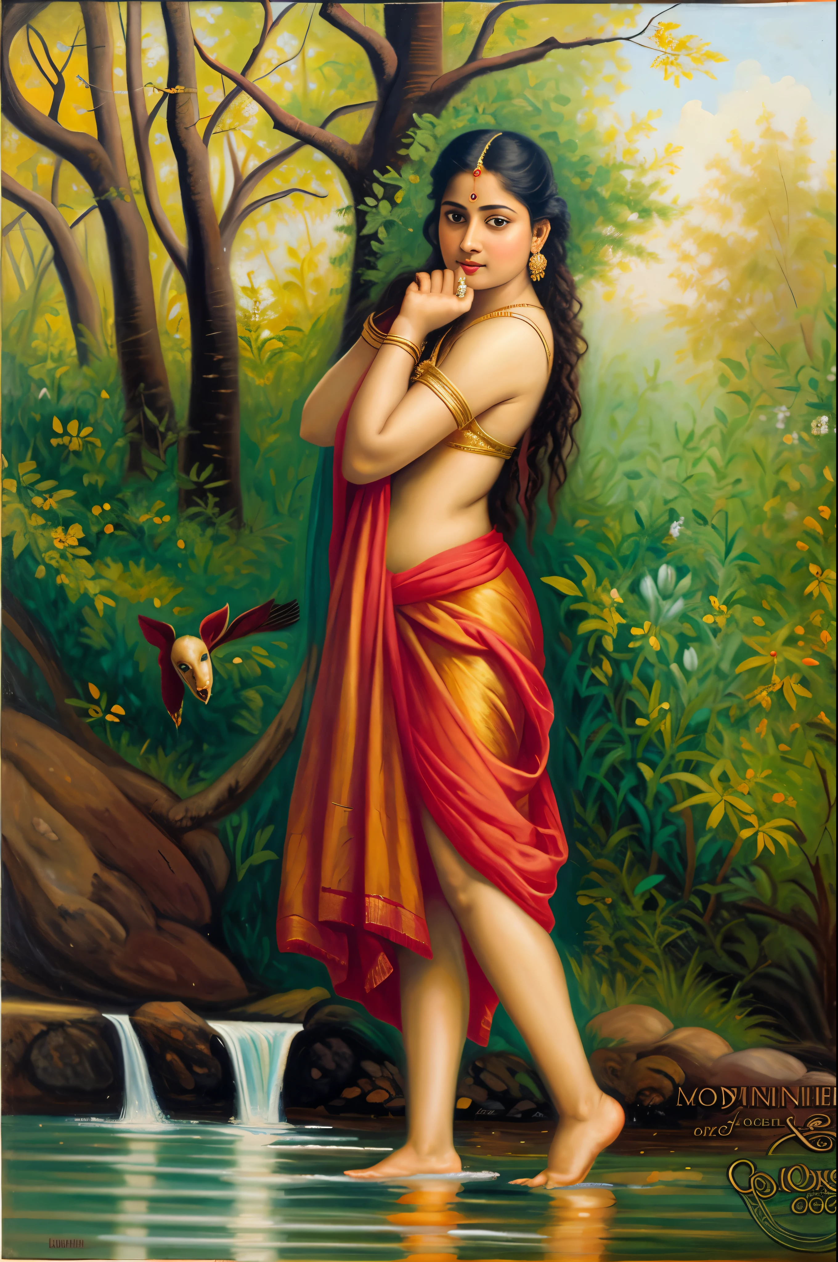 a oil painting of "Shakuntala" the famous mythological female character who exceptionaly beautiful, Apsara, Mohini, Kamini, based on Hindu mythology in Raja Ravi Varma Painting style, in baroque painting style, 19th century Academic Art, oviyar maruthi , exotic Indian art, oviyar maruthi painting,