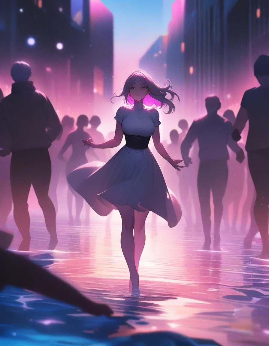1girl, People Dancing on the Sea Surface, aesthetic, extremely detailed, masterpiece, best quality, very aesthetic, absurdres, People Dancing on the Sea Surface, Bioluminescent, in the Style of Artgerm and Charlie Bowater and Atey Ghailan and Mike Mignola, vibrant colors and hard shadows and strong rim light, Comic Cover Art, plain background, trending on artstation