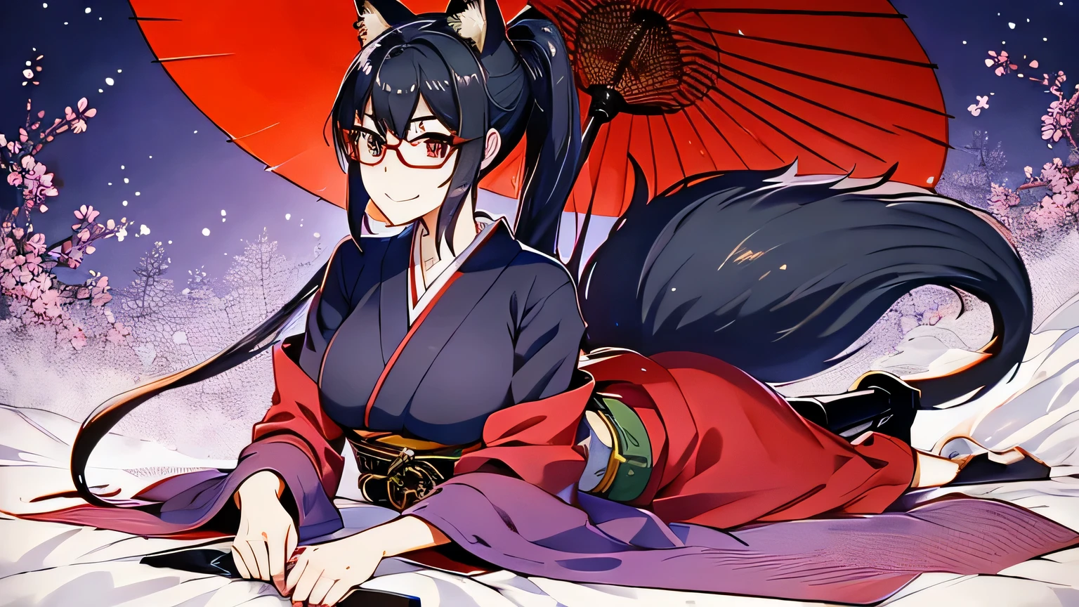 1 girl , alone ,Taisho Modern、Glasses、headphone , greenish black hair、ponytail、big cleavage、fox ears、red eyes、wear glasses、Dark purple kimono、Red kanzashi、light purple long hakama、Haori、leather boots、that'why、headphones、Japanese umbrella、sexy、charm、Wet、face turns red、far shot , full body