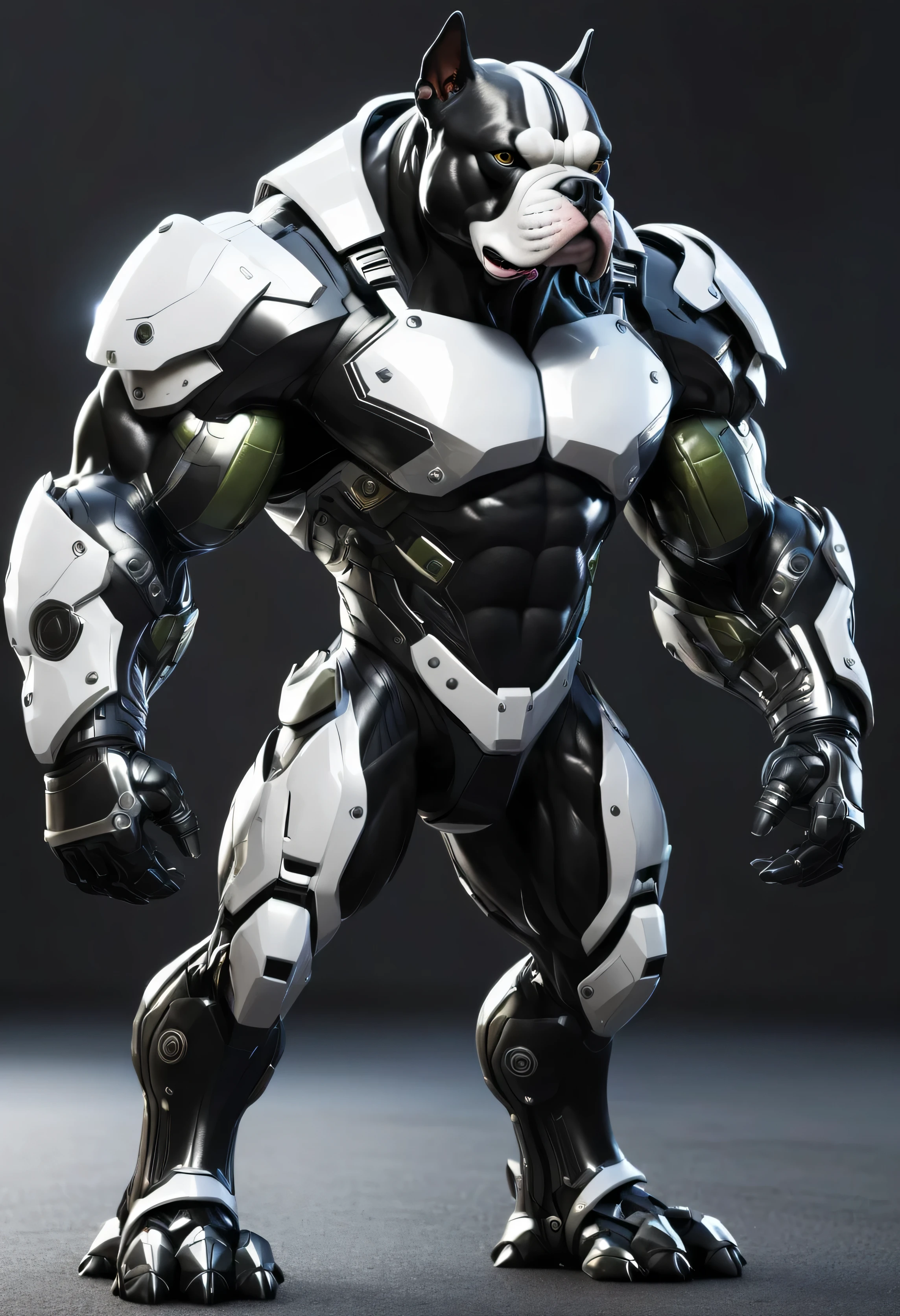personagem de um cachorro com um corpo super musculoso estilo hulk, with super strength, wearing futuristic combat armor with metallic parts, em preto com detalhes em branco