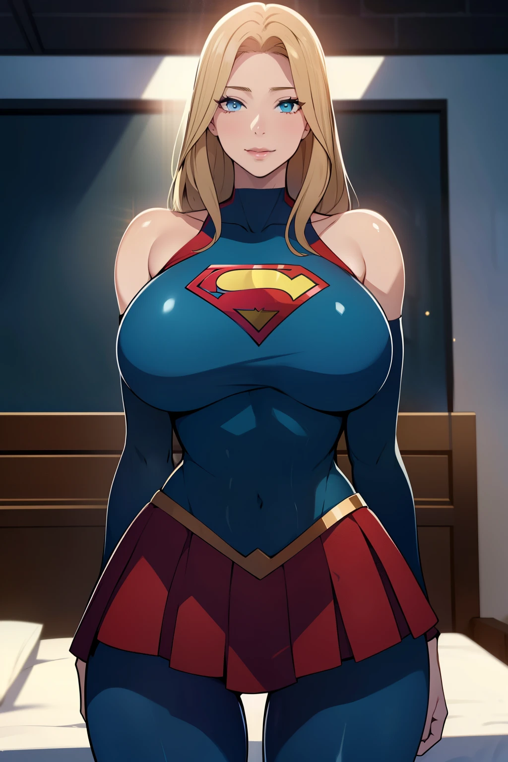 nsfw: 1.5, masterpiece, best quality, high quality, high definition, high quality textures, high quality shadows, high definition, beautiful detail, highly detailed CG, detailed textures, realistic representation of faces, realistic, colorful, delicate , cinematic lights, side lights, lens flares, ray tracing, sharp focus, supergirl, ((best quality, masterpiece, absurd, 8k)), 1 girl, solo, 21 years old,Supergirl(Helen Slater), huge breasts, huge breasts, long hair down to her hips, long hair,low hair, voluminous hair, white skin tone, green eyes, sparkling expressive eyes, gigantic breasts, she is supergirl, Supergirl , japanese sailor female Supergirl, costume female school,stocking 7/8 ,superman suit, seductive smile, building terrace, daytime, pretty, young woman, hands behind) (1girl, __focus__:1.3), (intricate details, makeup , PureErosFace_V1:0.5), (delicate beautiful face with details, Delicate eyes beautiful in details, perfect face proportions, dense skin, ideal proportion of four fingers and one thumb, arms under the chest, huge breasts, bodysuit,wide hips, flat upper abdomen , thin, dressed, blonde: 1.3), bed, no hands, perfect eyes, detailed eyes, show midriff, sexy, cleavage, red skirt, gigantic breasts, cowboy shot