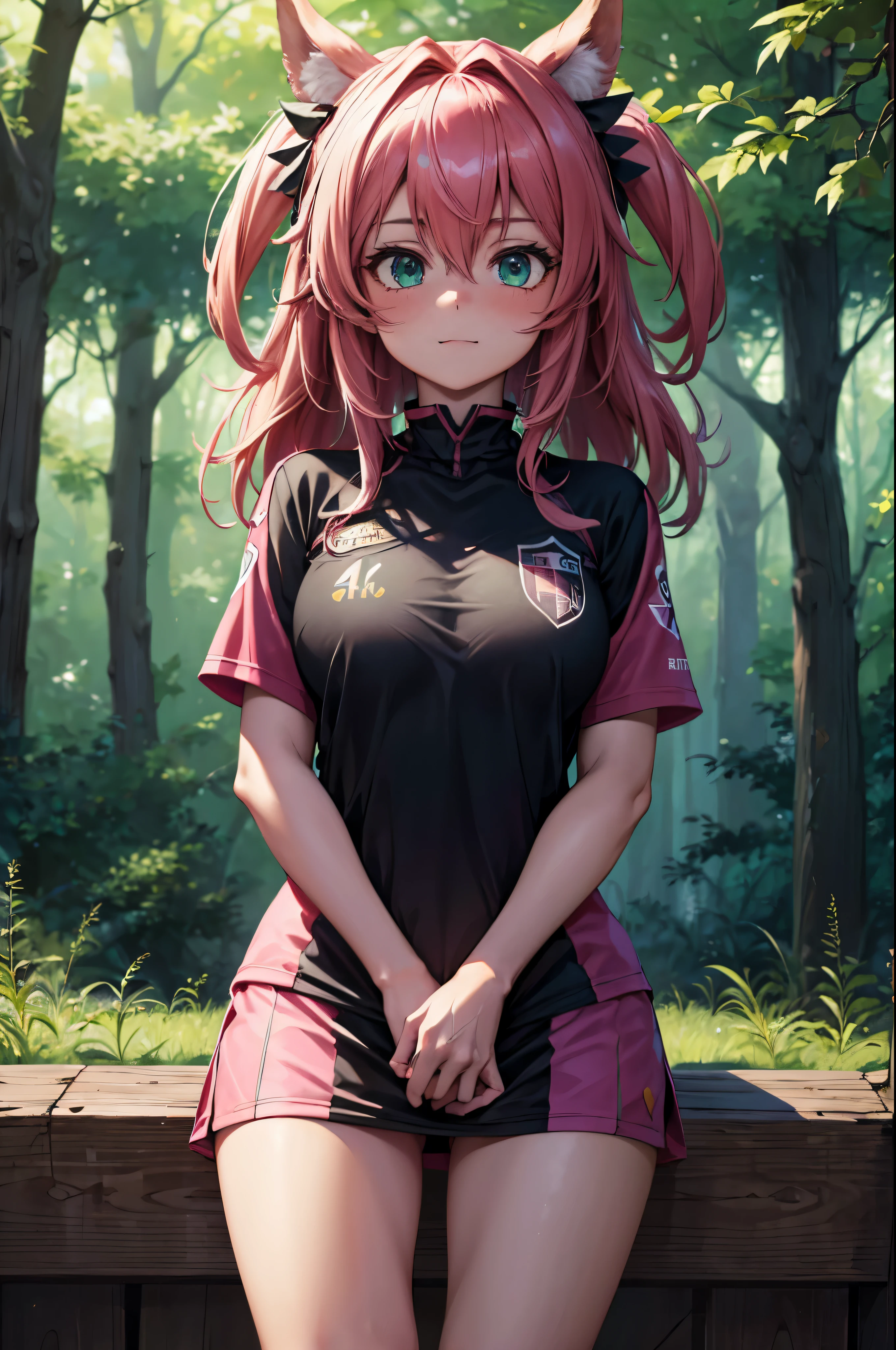 (best quality,4k,8k,highres,masterpiece:1.2), ultra-detailed, 1girl, Astolfo fate, soccer uniform, green eyes, inside the forest