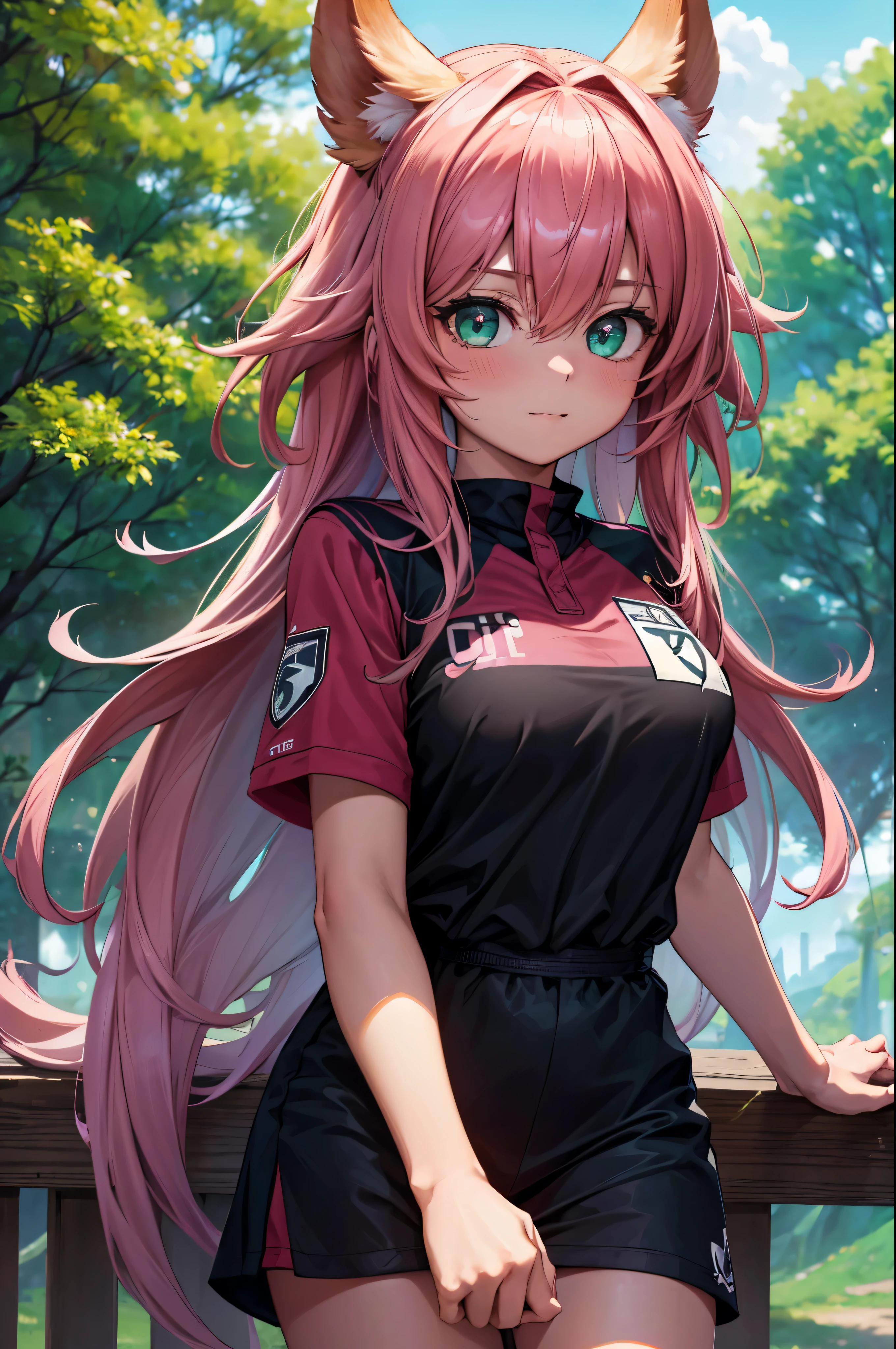 (best quality,4k,8k,highres,masterpiece:1.2), ultra-detailed, 1girl, Astolfo fate, soccer uniform, green eyes, inside the forest