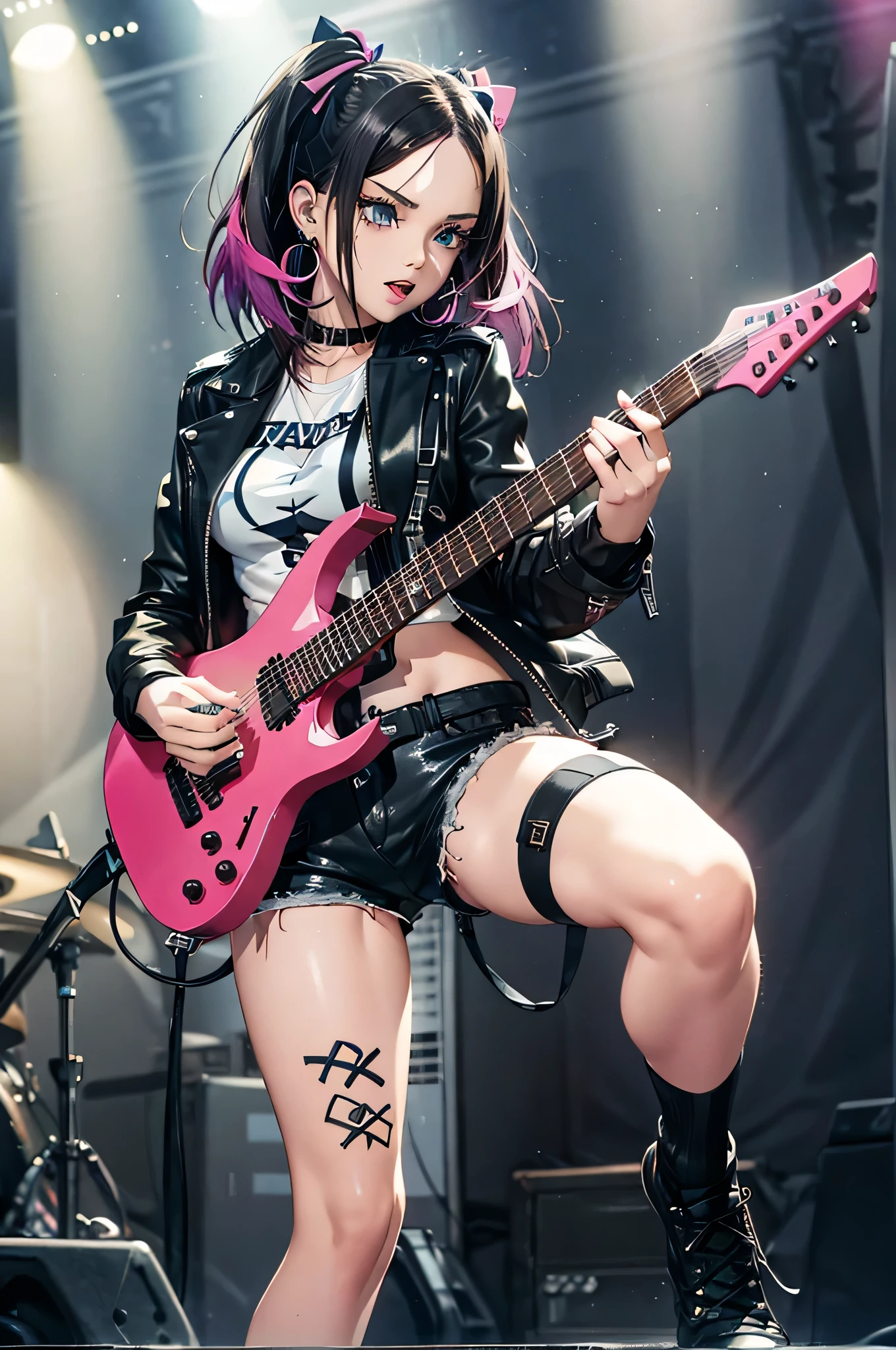 realistic:1.2, Rocker girl wearing a leather jacket,slim body shape、Normal bust size、 highly realistic photograph,  full body shot, １2 electric guitars, clothes with spikes,white tank top、Navel exposure、Low-rise leather shorts,tattoo,earrings dark lipstick, blue eyes,pink twintail hair,black ribbon, beautiful and perfect legs, confident look, punk style ,dynamic pose, dynamic lighting, colorful stage,colorful stage lights,