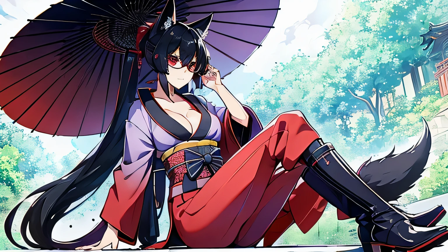 1 girl , alone ,Taisho Modern、、big cleavage、headphone , greenish black hair、ponytail、fox ears、red eyes、sunglasses、Dark purple kimono、Red kanzashi、light purple long hakama、Haori、leather boots、headphones、Japanese umbrella、sexy、charm、Wet、face turns red、far shot , full body