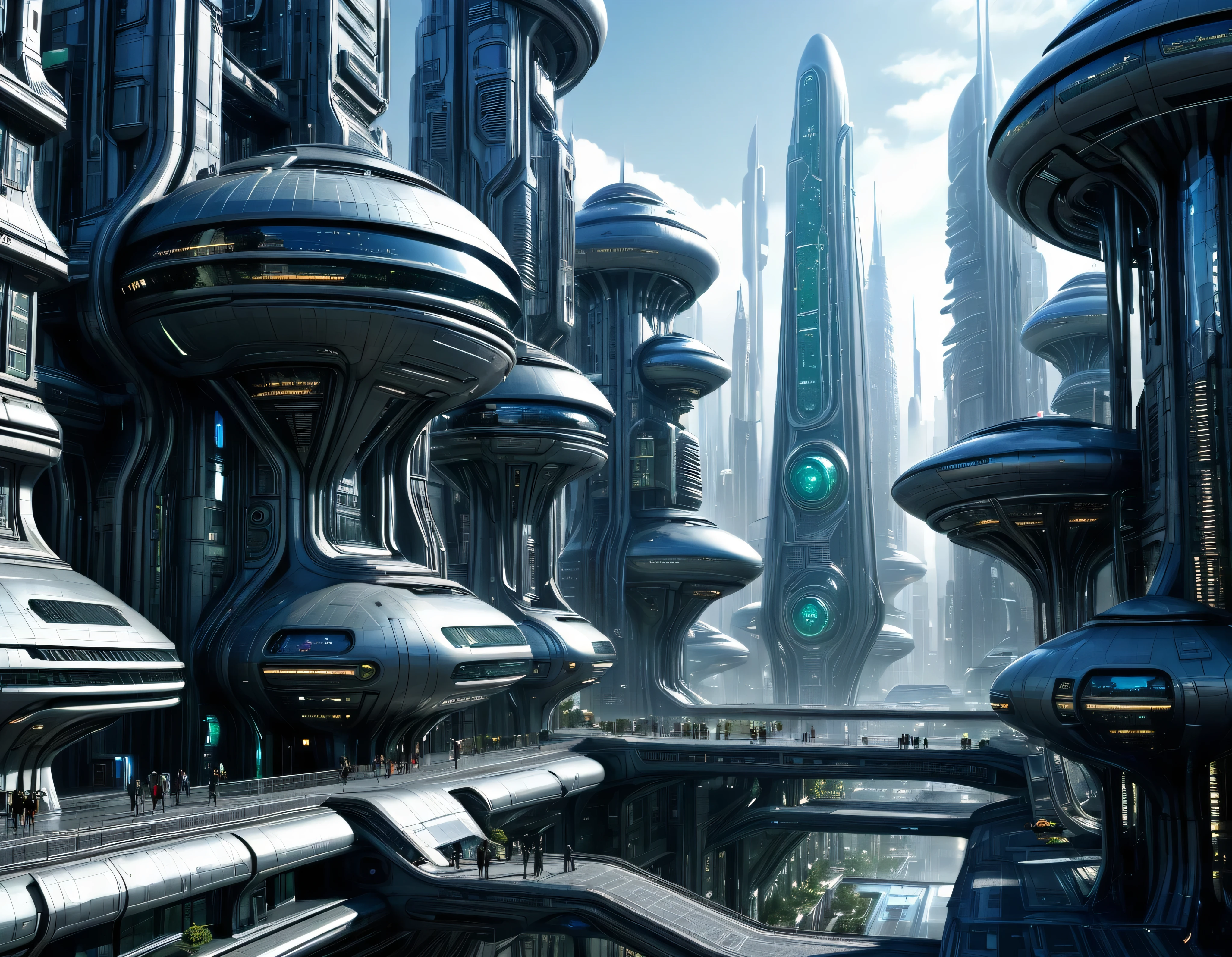 street of an extraterrestrial alien city with futuristic and technological architecture in its metal and glass conglomerado de buildings, some aliens walking around, ventanas iluminadas, all full of imagination, science fiction and (intrincados detalles de la maquina).imagen fotorrealista, Maximum sharpness, calidad 8k.(obra maestra de calidad superior). 3D.