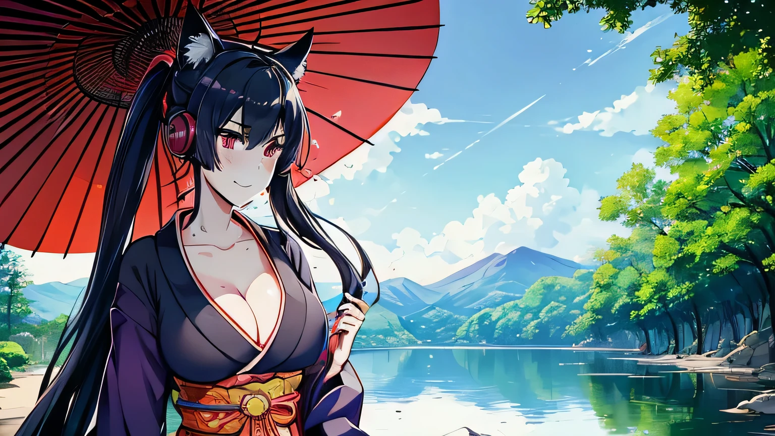 1 girl , alone ,Taisho Modern、、big cleavage、headphone , greenish black hair、ponytail、fox ears、red eyes、sunglasses、Dark purple kimono、Red kanzashi、light purple long hakama、Haori、leather boots、headphones、Japanese umbrella、sexy、charm、Wet、face turns red、far shot , full body