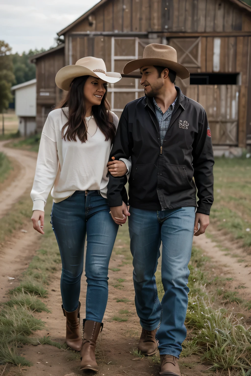 Latino couple in country clothes  and cowboy hats holding hands in a field whit barn in background full body