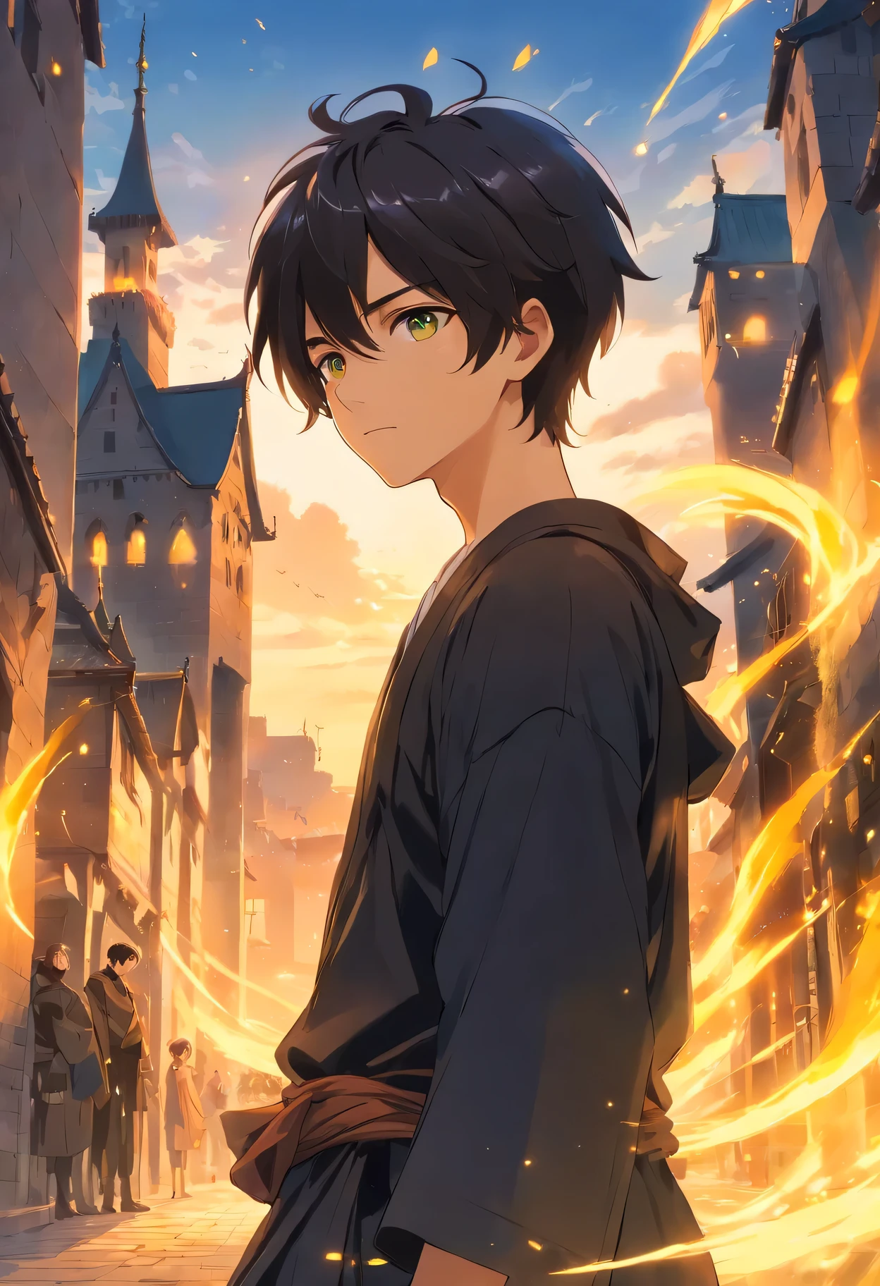 Boy, cheveux noir avec frange, yeux jaune, Vêtements japonais noirs, pouvoir magique de feu en main. landscape medieval castle 