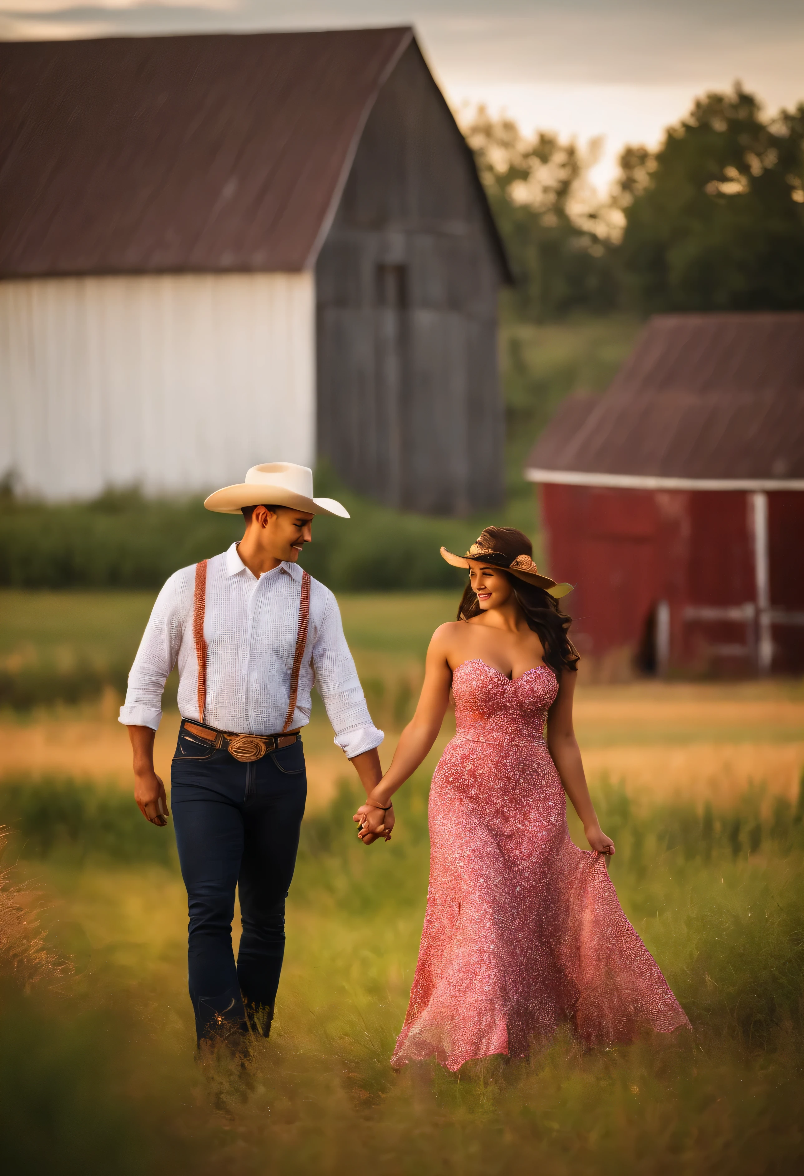 Latino couple in country clothes holding hands in a field whit barn in backround