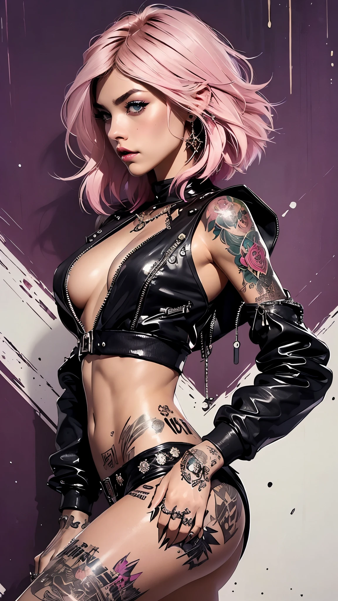 (((Of the highest quality: 1.4))),(incomparable masterpiece ever), (ultra high definition),(CG ultrarrealista de 8k), arte oficial、 (((cuerpo adulto))), (((1 chica en))), ((( bob de pelo corto ))), Chica punk con un cuerpo perfecto, Chaqueta con espinas de metal.,Rostro bonito y bien cuidado.,,Moda punk detallada,chaquetas de cuero, (Imagen de la cabeza al muslo.),((Pink bob de pelo corto )), Small leather panties, El estilo salvaje urbano de Simon Bisley,Fondo detallado de la calle de Londres,Abdominales limpios, Complex graphics, rosa oscuro con estrellas blancas y rayas grises y blancas,,,, (( Muchos tatuajes venenosos )), piercings,