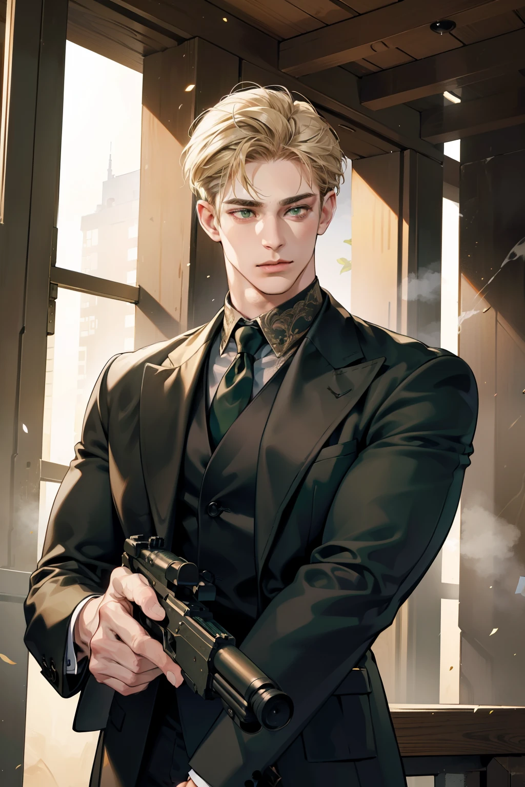 masterpiece, best quality, realistic, 1man, mature male, quiet and charming young man, 25 years old, close his eyes, serious, closed mouth, extremely detailed face, a little distant, ((dark green eyes)), ((short-side-swept sandy blonde hair)), [thick eyebrowafia, ((black suit)), ((holding a machine gun)), accurate, detailed.