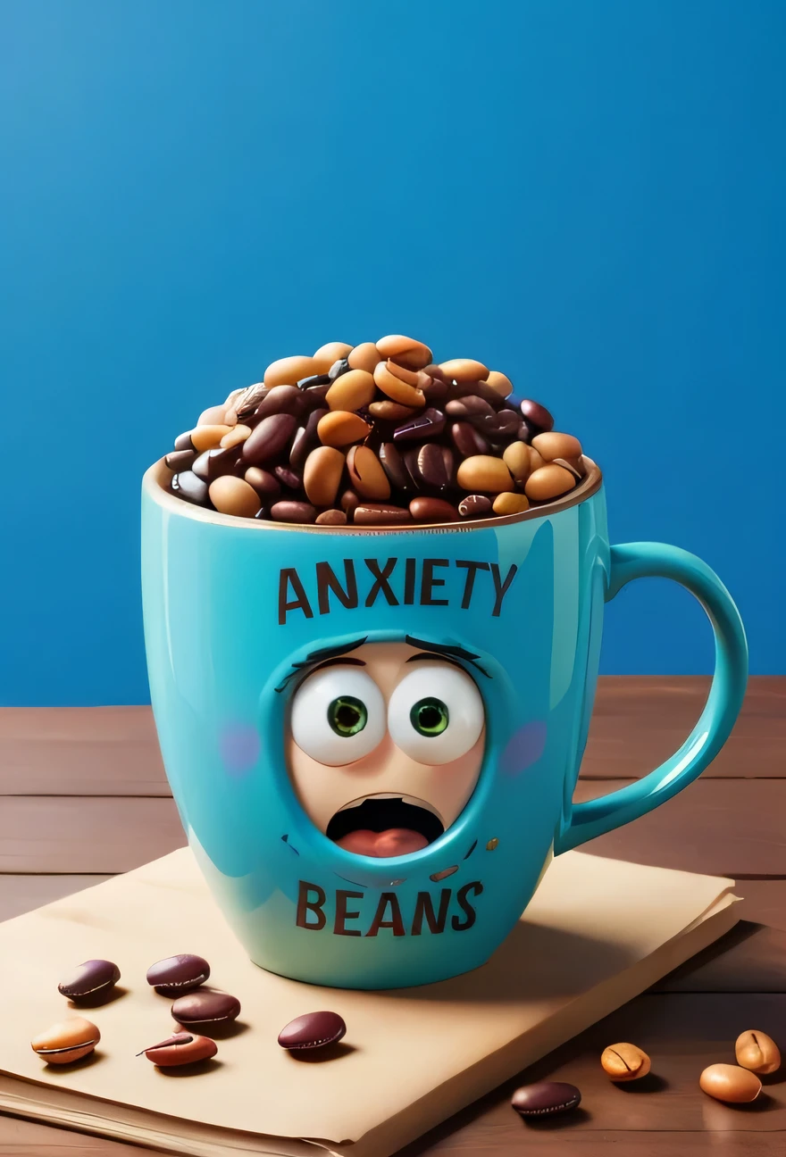 Anxiety beans in the mug with the text "Anxiety beans", pixar art, highly detailed, masterpiece, best quality, high resolution, 8k, fantasy character, funny, realistic, colorful