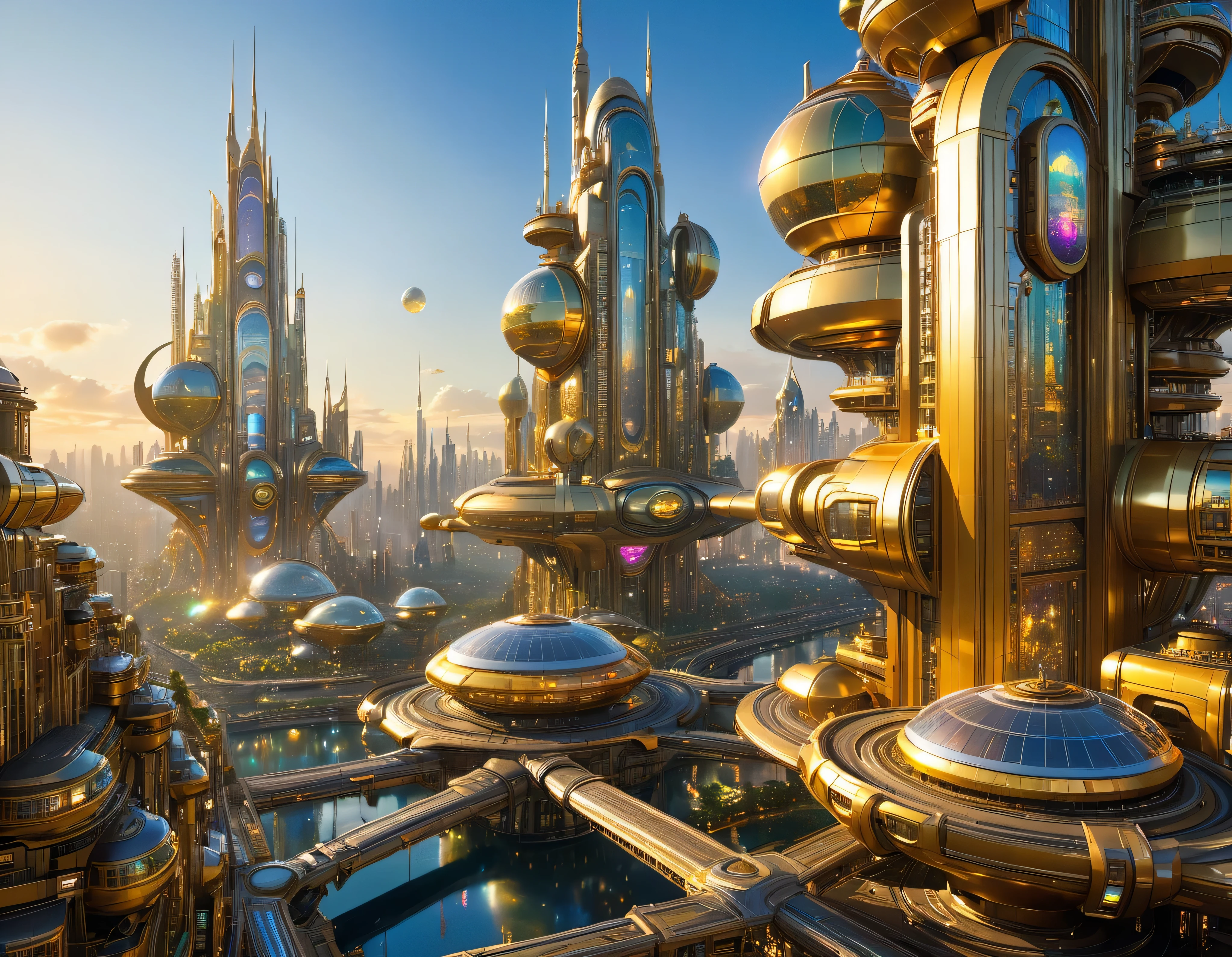 (golden hour lighting), megacity, megalopolis of an imaginary world of science fiction , parecido a una disneylandia futurista, and maximum fantasy, con inmensos edificios y rascacielos ovalados y dodecaedricos agrupados de metal y cristal donde predomina el oro y los anuncios luminosos de colores. imagen bien definida 8k, (intrincados detalles de la maquina), con muchos edificios juntos.(obra maestra de superior calidad).(imagen fotorrealista), nitidez absoluta hasta el fondo