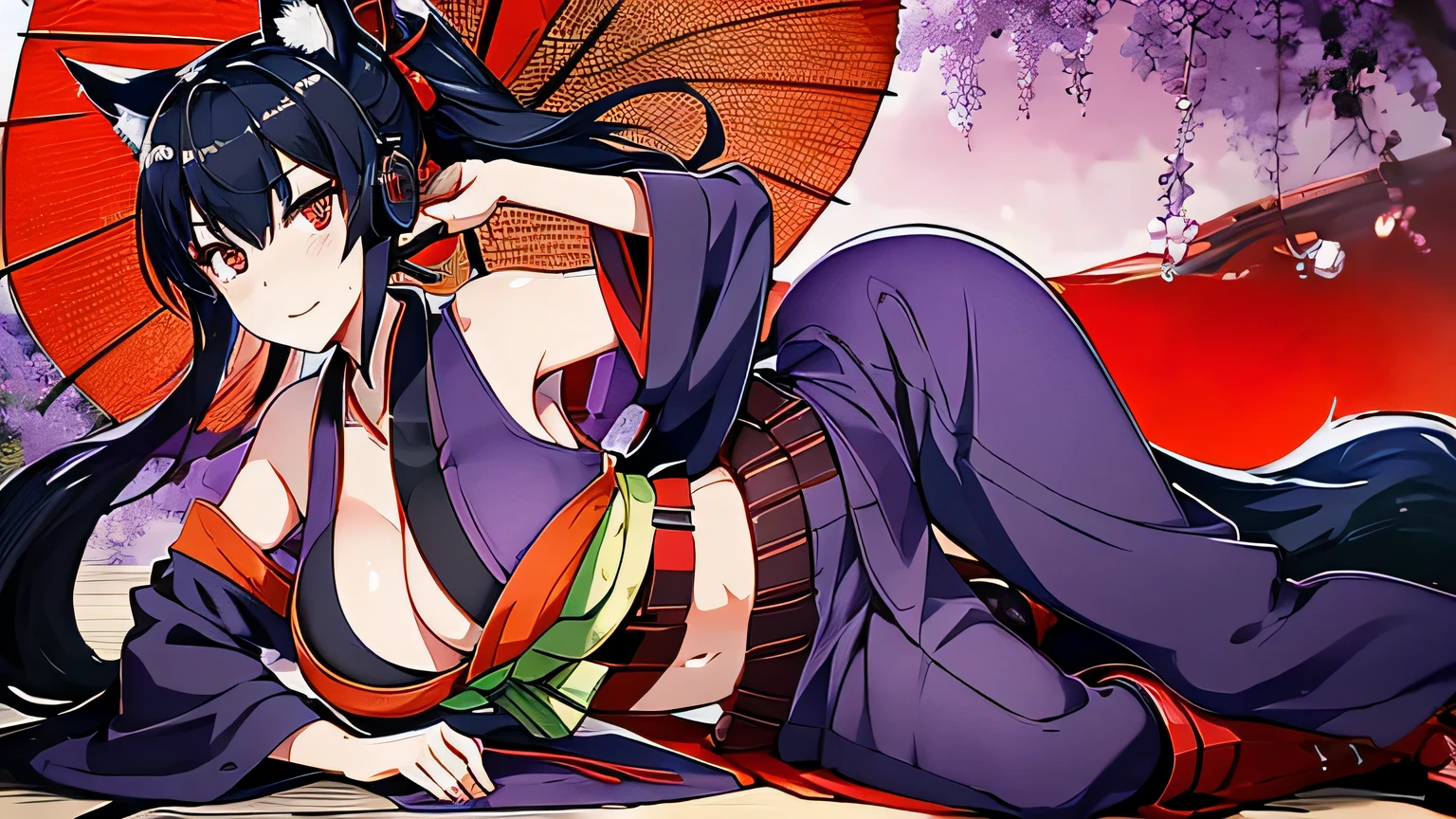 1 girl , alone ,Taisho Modern、、big cleavage、headphone , greenish black hair、ponytail、fox ears、red eyes、sunglasses、Dark purple kimono、Red kanzashi、light purple long hakama、Haori、leather boots、headphones、Japanese umbrella、sexy、charm、Wet、face turns red、far shot , full body