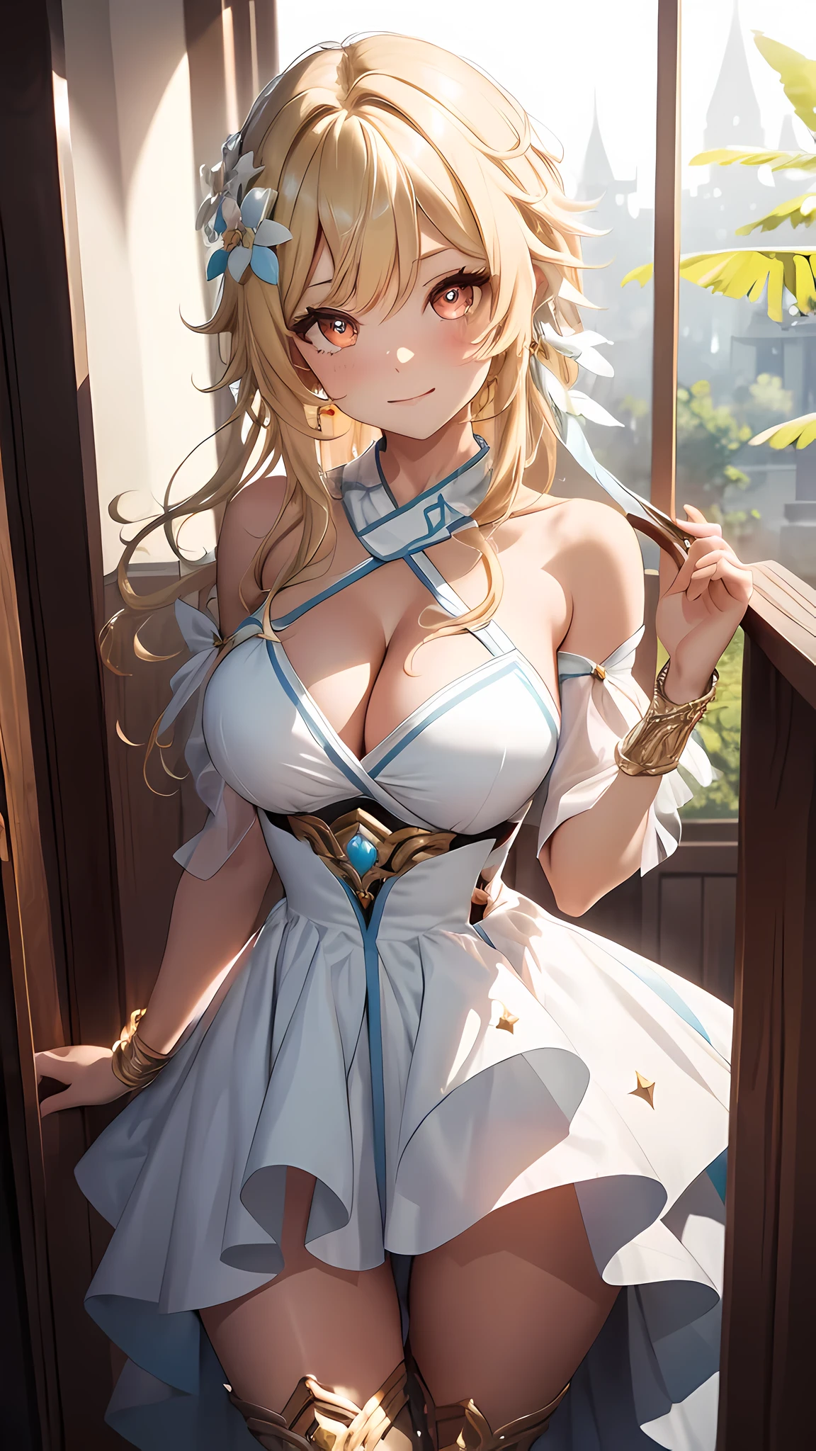 (masterpiece), best quality, expressive eyes, perfect face,(princess dress:1.4),(huge breasts 1.5),(thigh gap 1.5),heel boots,bedroom,blonde hair,wavy hair,cleavage,looking at viewer,smiles,bracelets, bangles, eyeshadows, eye liner,glistening eyes, hyper detailed eyes, intricate eyes, beautiful eye, ((glowing orange pupils)),standing,seductive pose,full-body shot
