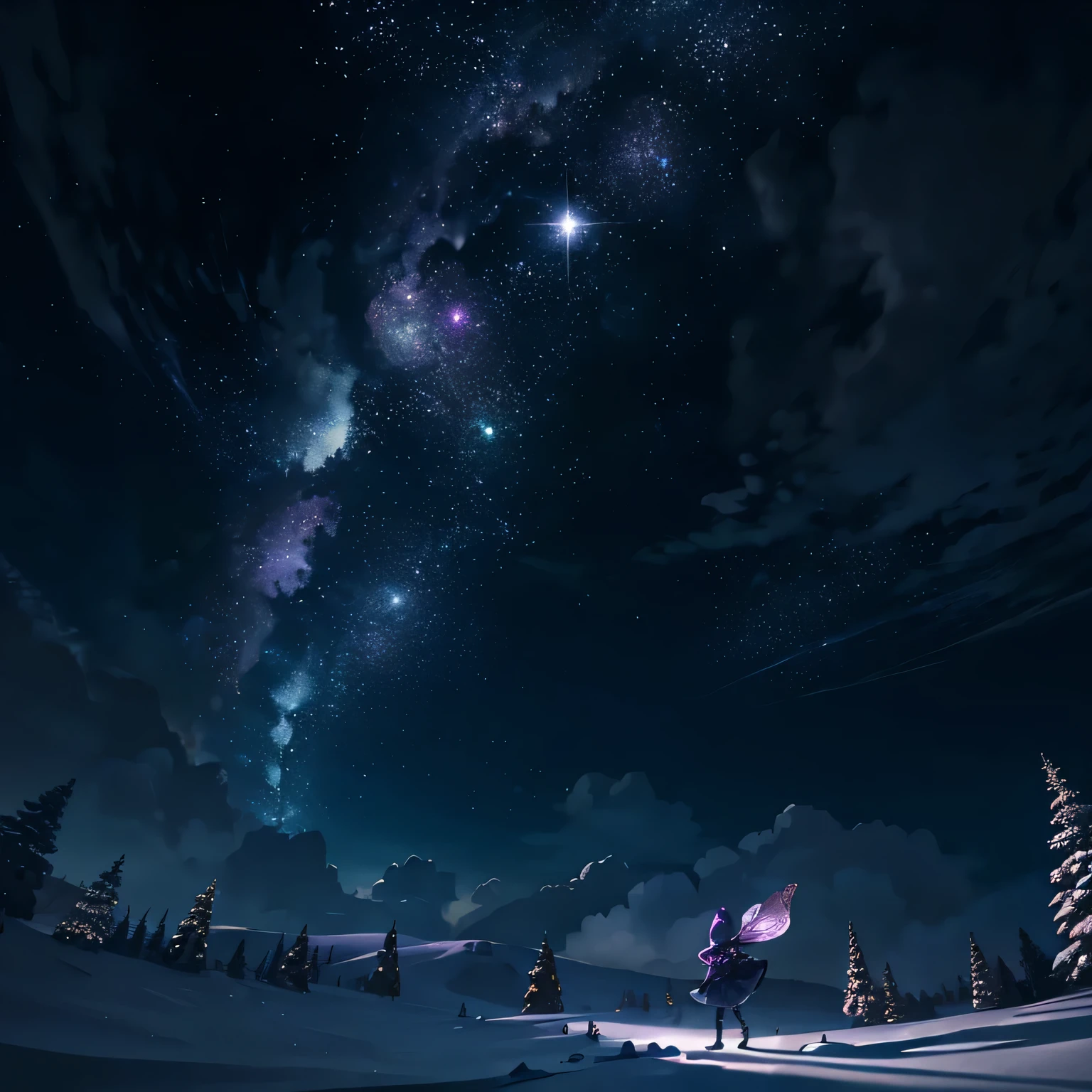 Beautiful night scene with a cartoony rendition,
Night sky filled with twinkling, purple stars,
Disney style illustration, charming and bright,
Background radiating a serene and mysterious vibe,
Ultra-detailed, high-resolution,Masterpiece,
Realistic rendering, clean lines,
Softly glowing stars, sharp focus,
Perspective of the camera looking up at the night sky,
Enhanced with HDR and UHD for vibrant colors,
Dynamic lighting creating depth and atmosphere,
Smooth shading and intricate texture,
Best quality possible, 4K definition.