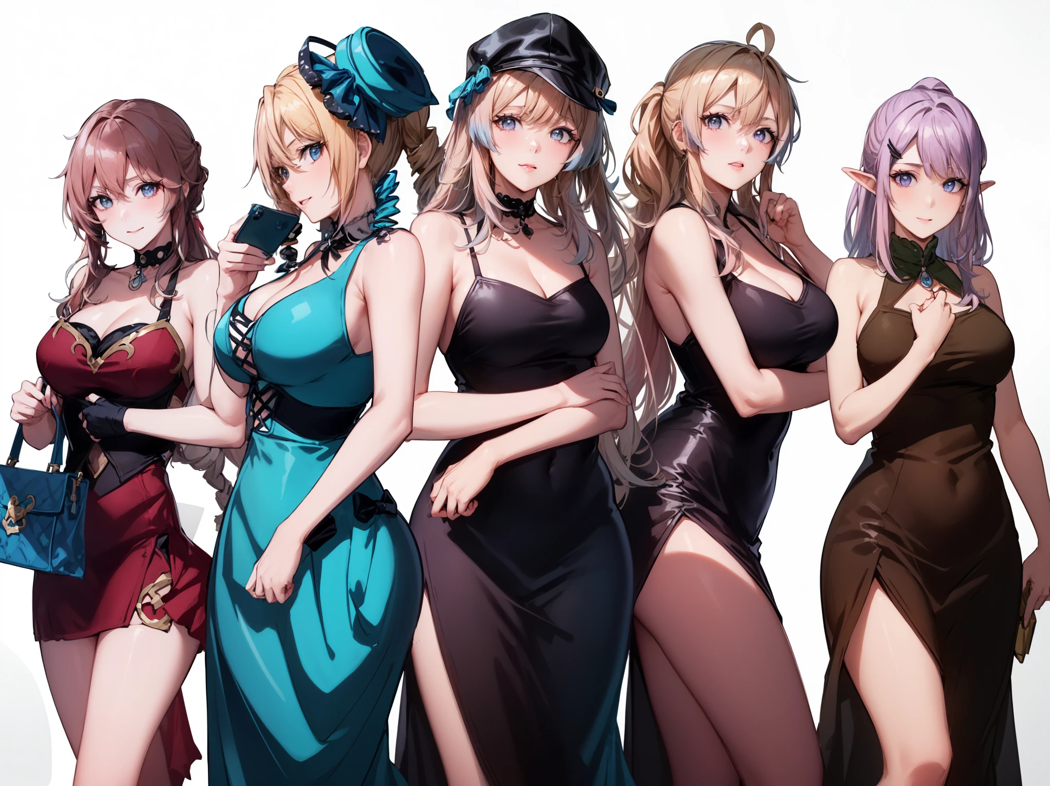 (((Best Quality))) , (((white background))), variety of hairstyles, variety of fashion styles, (((seductive pose))), fashionable and trendy atmosphere, looking at another, hair between eyes, pink hair