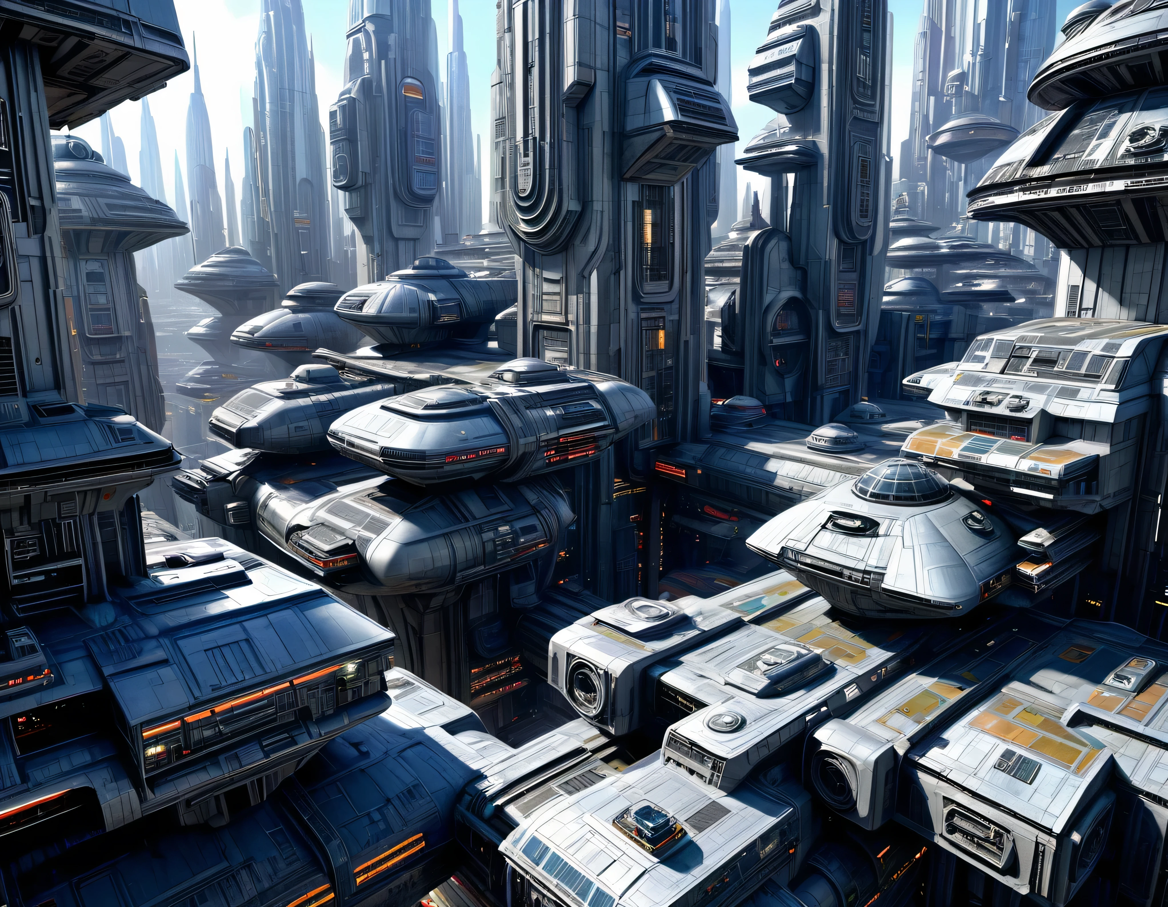 (The city of Coruscant from Star Wars as designed by Doug Chiang), futuristic fantasy city with immense buildings of technological design (que forman una avenida infinita), non-blurred compact buildings with metallic appearance, luces en ventanas en edificios, daylight lighting with sun, con estructuras acristaladas espectaculares, (con colores vivos). pavimento ensolado (sin brillo). gente paseando. imagen bien definida con muchos edificios juntos. sharp well defined 8k image. los edificios llegan alta el fondo.,8k. cinematographic image. ((obra maestra de superior calidad)). (renderizado 3D). fondo nitido