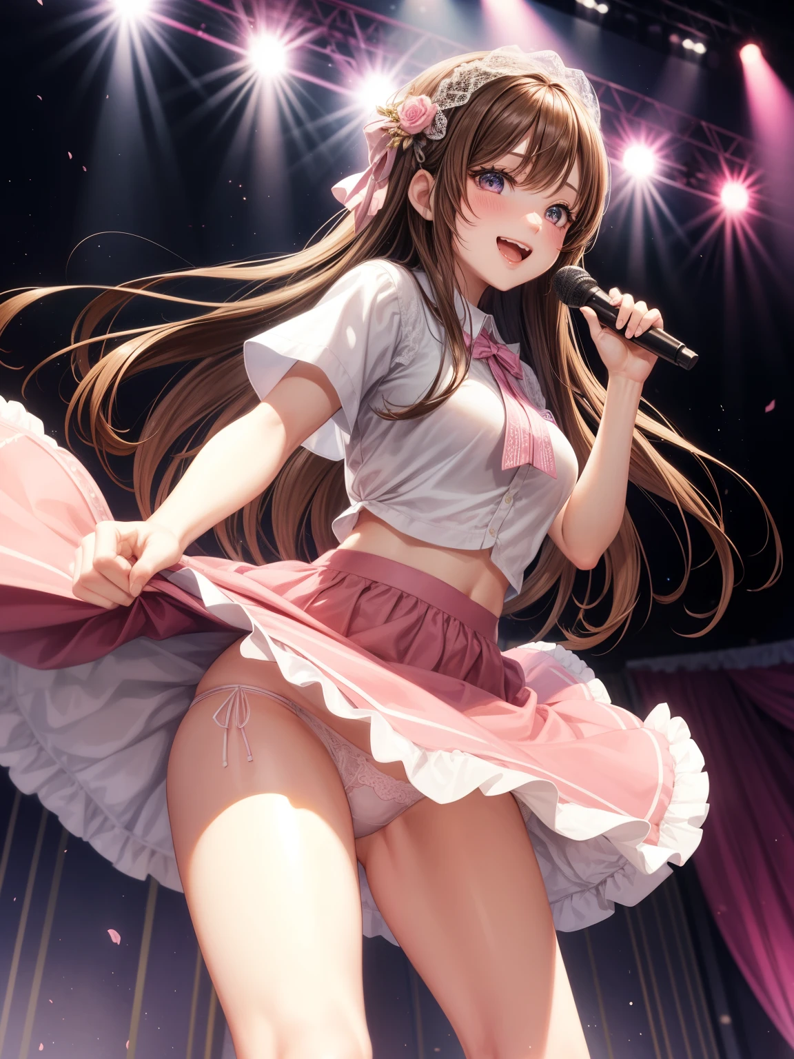 highest quality、All limbs、full finger、Slender beauty、straight hair、brown hair、Dereste、pink, 白とpinkのアイドル衣装、high socks、beautiful big breasts、live stage、sing、dancing、big smile、(white horizontal lace panties:1.1), skirt lift, shirt lift, show off panties、(show off bra:0.8)