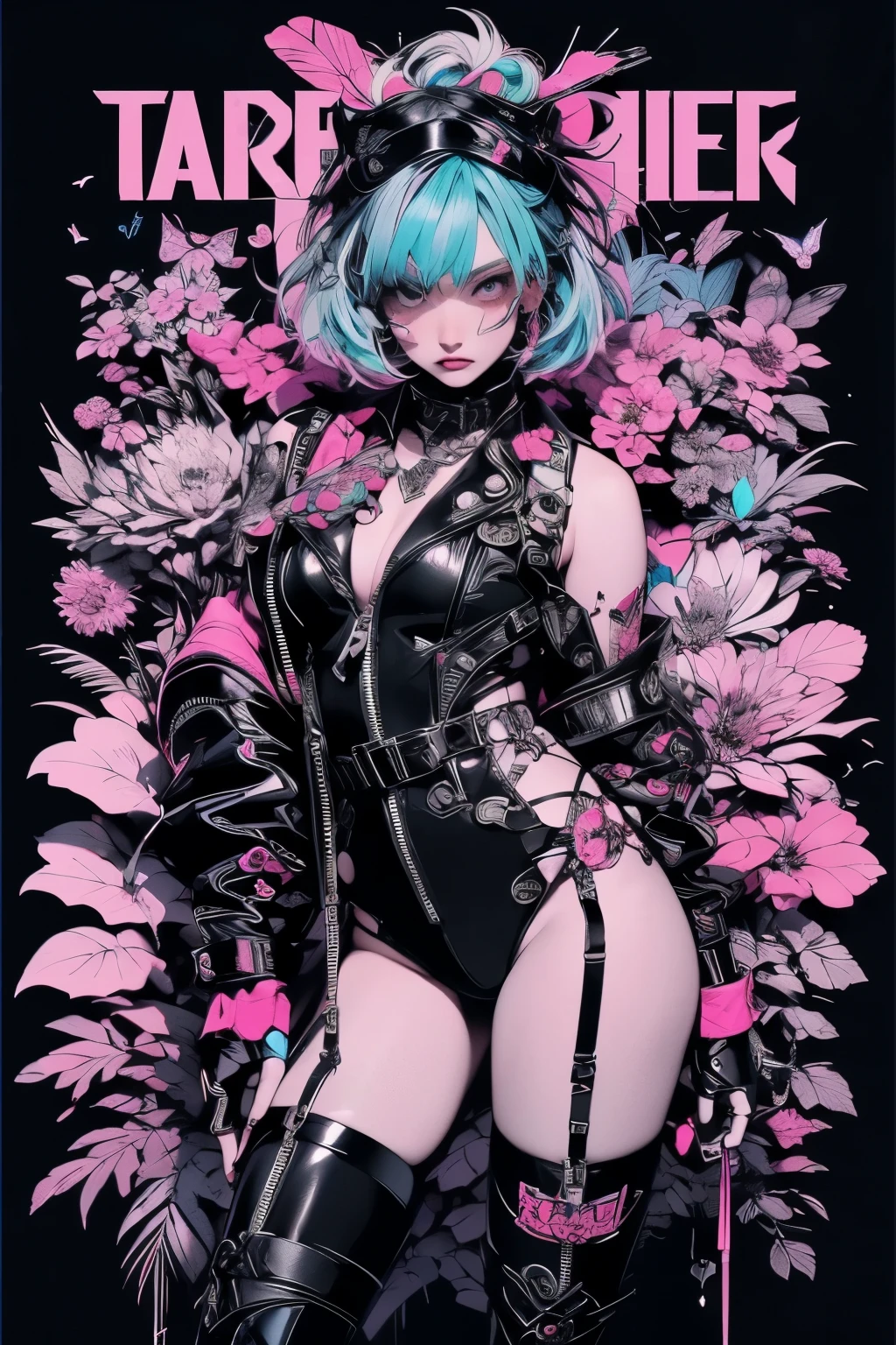 ((((dramatic))), (((gritty))), (((intense))) film poster featuring a young neon blue hair woman as the central character. She stands confidently in the center of the poster, wearing a stylish and edgy leather corset lace panties and thigh high boots with lots of straps buckles and zippers, with a determined expression on her face. The background is aesthetic atmospheric dark and gritty, cherry blossoms and butterflies blowing in the wind, with a sense of danger and intensity. The text is bold and attention-grabbing, with a catchy tagline that adds to the overall feeling of drama and excitement. The color palette is mainly dark with splashes of vibrant neon colors, giving the poster a dynamic and visually striking appearance,tachi-e
(magazine:1.3), (cover-style:1.3), fashionable, woman, vibrant, outfit, sexy seductive posing, front, colorful, dynamic, background, elements, confident, expression, holding, statement, accessory, majestic, coiled, around, touch, scene, text, cover, bold, attention-grabbing, title, stylish, font, catchy, headline, larger, striking, modern, trendy, focus, fashion,