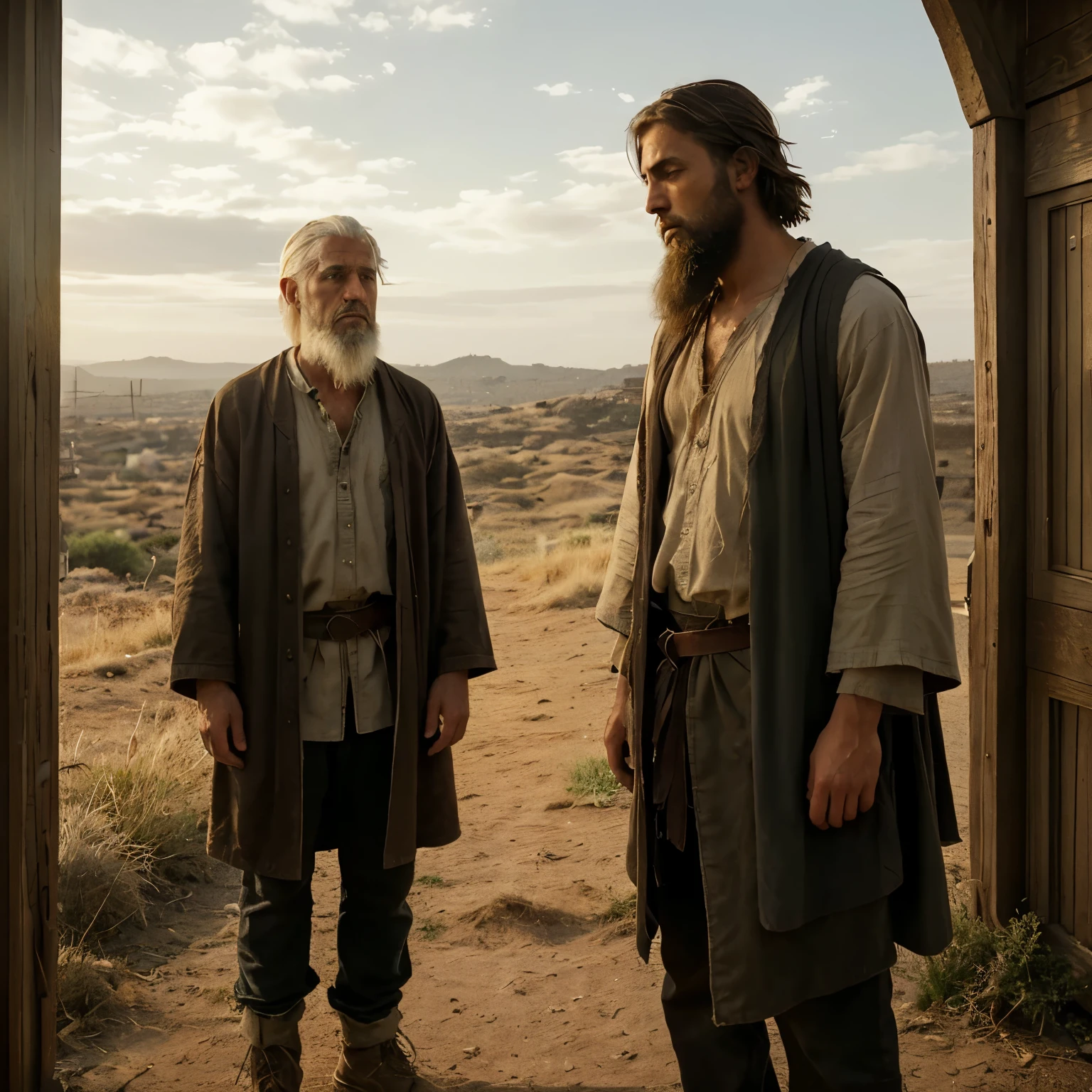 In the fading light of the golden sun, a cinematic scene unfolds, evoking the depth of the biblical parable of the Prodigal Son. The prodigal son, a young man in his twenties, with weary eyes and a scruffy beard, approaches the familiar yet foreign landscape of his childhood home. His clothing, worn and tattered from his years of wandering, speaks of his tumultuous journey.

As the prodigal son steps closer, the camera pans to reveal Father Abram, his white hair and beard framing a face etched with wisdom and concern. The older brother stands beside him, his stern expression mirroring the conflicted emotions of