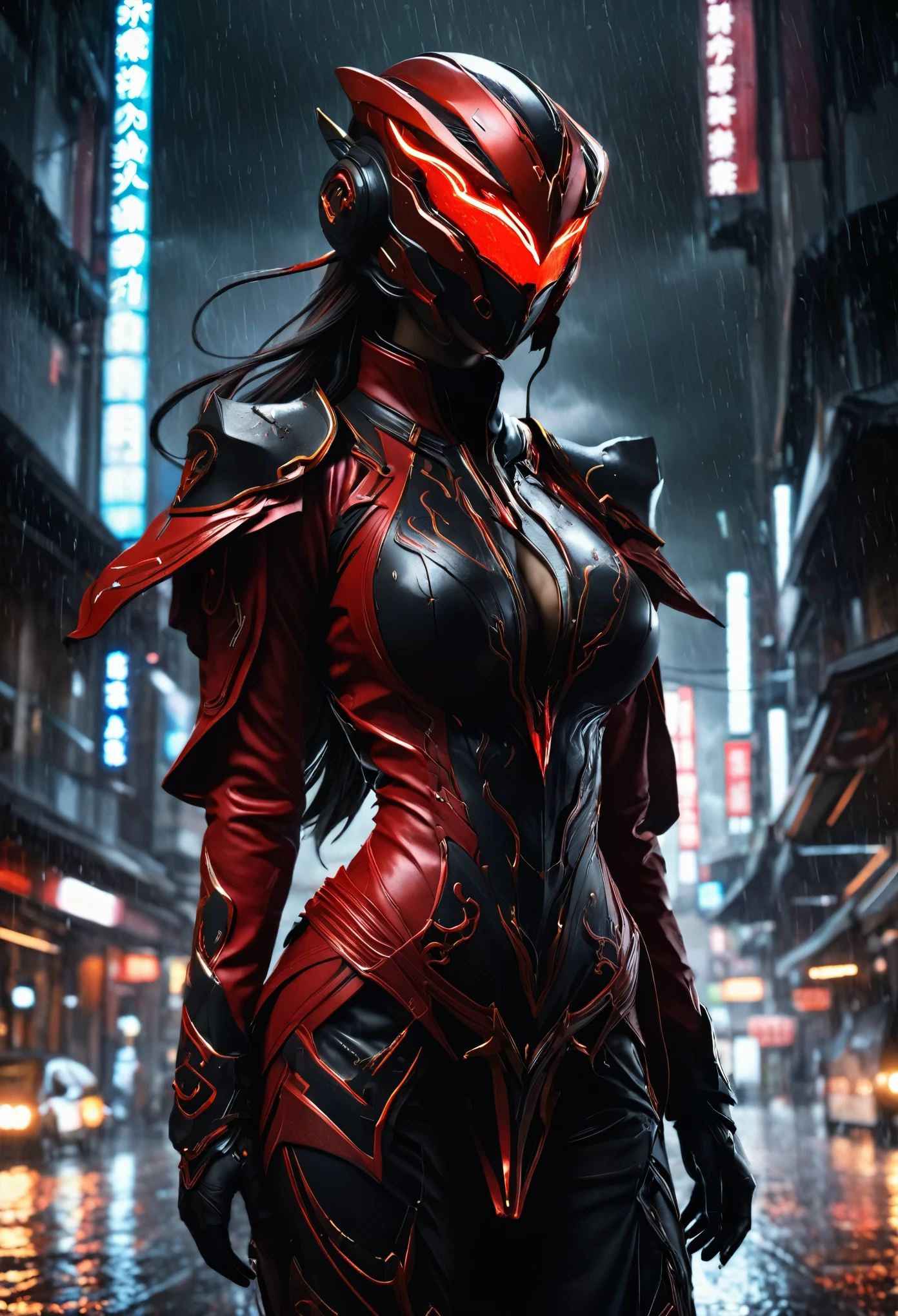 1 japanese girl, WARFRAME, intricate pattern, heavy metal, energy lines, face, glowing eyes, elegant, intense, blood red and black uniform, solo, modern, city, streets, dark clouds, thunderstorm, heavy rain,, dramatic lighting,, (masterpiece:1.2), best quality, high resolution, beautiful detailed, extremely detailed, perfect lighting,