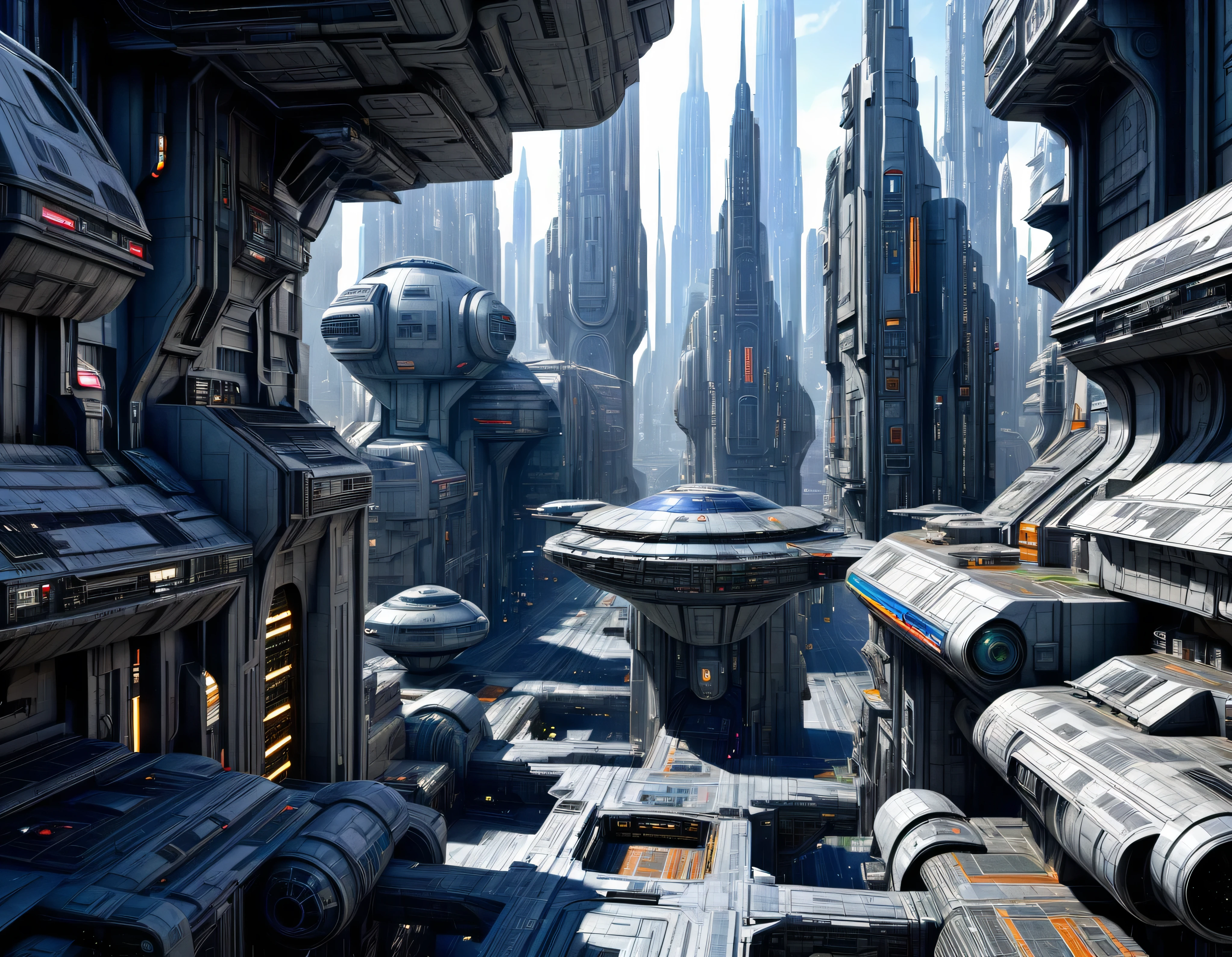 (The city of Coruscant from Star Wars as designed by Doug Chiang), futuristic fantasy city with immense buildings of technological design (que forman una avenida infinita), non-blurred compact buildings with metallic appearance, luces en ventanas en edificios, daylight lighting with sun, con estructuras acristaladas espectaculares, (con colores vivos). pavimento ensolado (sin brillo). gente paseando. imagen bien definida con muchos edificios juntos. sharp well defined 8k image. los edificios llegan alta el fondo.,8k. cinematographic image. ((obra maestra de superior calidad)). (renderizado 3D). fondo nitido