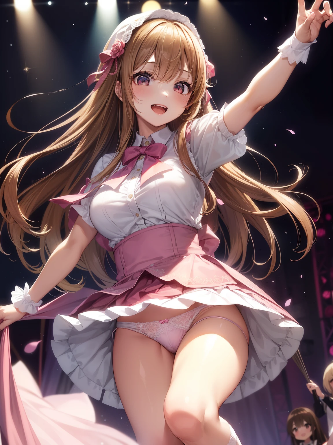 highest quality、All limbs、full finger、Slender beauty、straight hair、brown hair、Dereste、pink, 白とpinkのアイドル衣装、high socks、beautiful big breasts、live stage、sing、dancing、big smile、(white horizontal lace panties:1.1), skirt lift, shirt lift, show off panties、(show off bra:0.9)