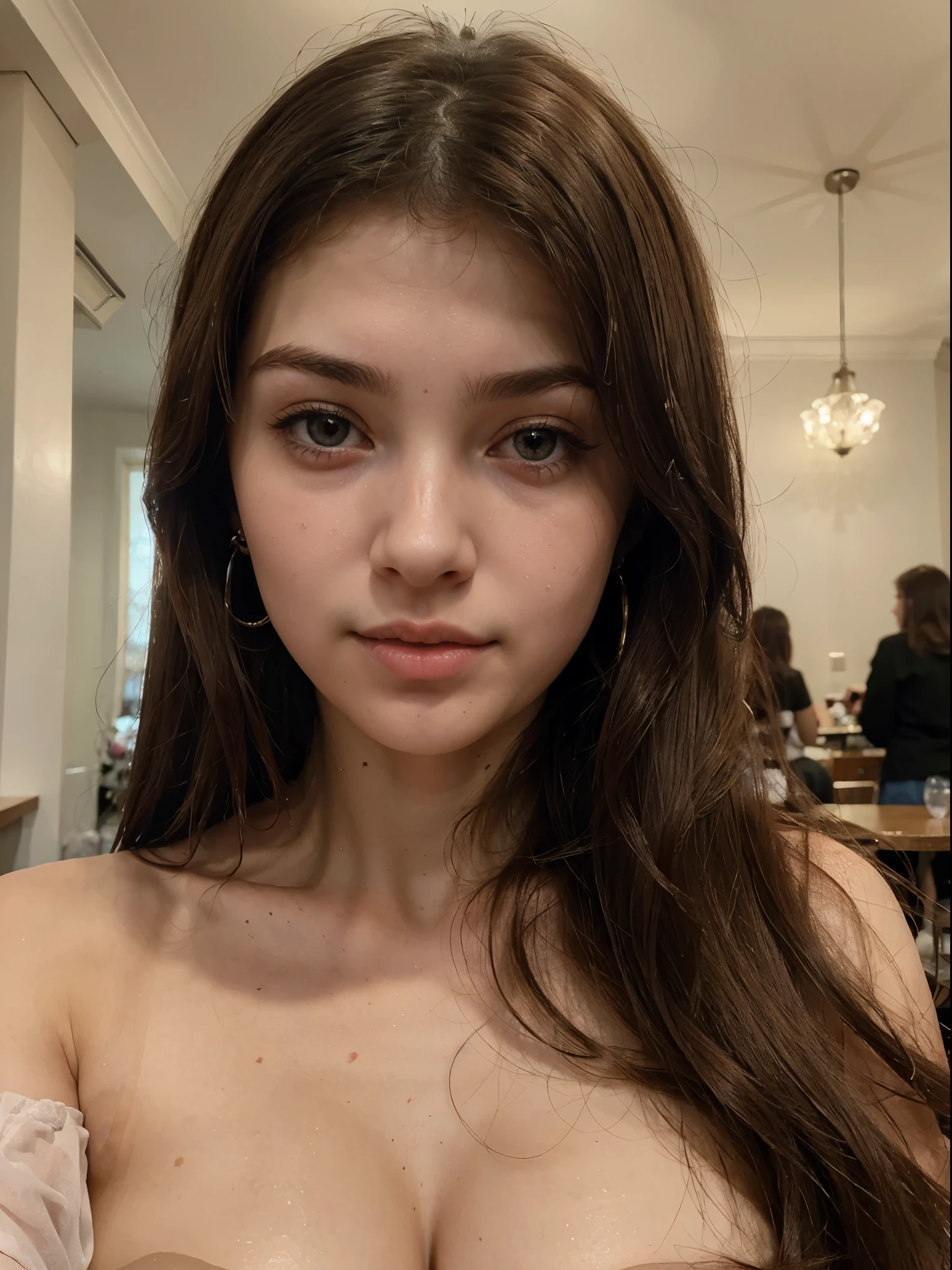 Photo of a 20 year old brunette woman, that has a very natural face, thin lips, thin eyes, thin eyebrows, thin nose, earrings, long eyelashes. She makes a cute selfie alone in a cafe, beautiful succubus, clean shaved, (Derevschikova:1.5), yum, beautiful alluring , perfect nose, ultra beautiful, with her long, perfect beautiful, deep shafts, realistic , epic beautiful, big dd breasts, 8k, fuji xt3, teasing, sap, cherub, keyhole, teasing, not cropped, premium