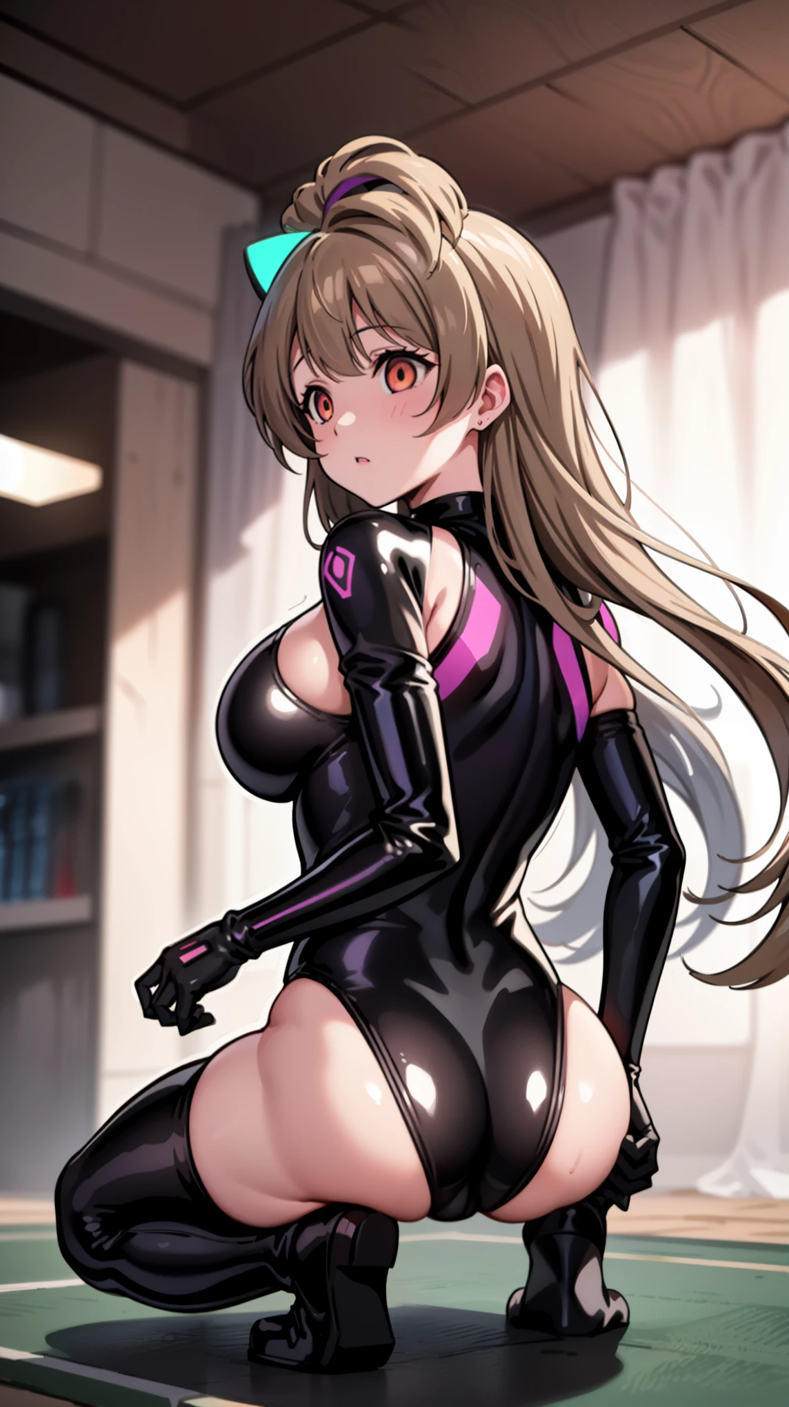 1 girl,NSFW,kotori minami ,(lovelive),clavicle, absurd, brainwashing,Combatant, empty eyes,((purple glowing eyes 1.5)),  huge breasts , No expression, emotions removed,(black latex tight bodysuit),look away , whole body shape, ((Back shape)), ((squat,spread your legs,under butt)),(highest quality、4k、8K、High resolution、must have:1.2)、Super detailed、(reality、reality的なです、reality的な:1.37)、ticker、hyper hd、studio lighting、ultra definition paint、sharp focus、Physically based rendering、extreme details、Professional specifications、vibrancy and color、blurry、sports portrait、landscape、horror style、anime big breasts、SF、photograph、concept artist、five fingers, perfect body,  {{{masterpiece}}}, {{{highest quality}}}, {{Super detailed}}, {shape}, {{very delicate and beautiful}},Improved cost performance、all roles、Canon 5D MK4でphotograph、photograph, 