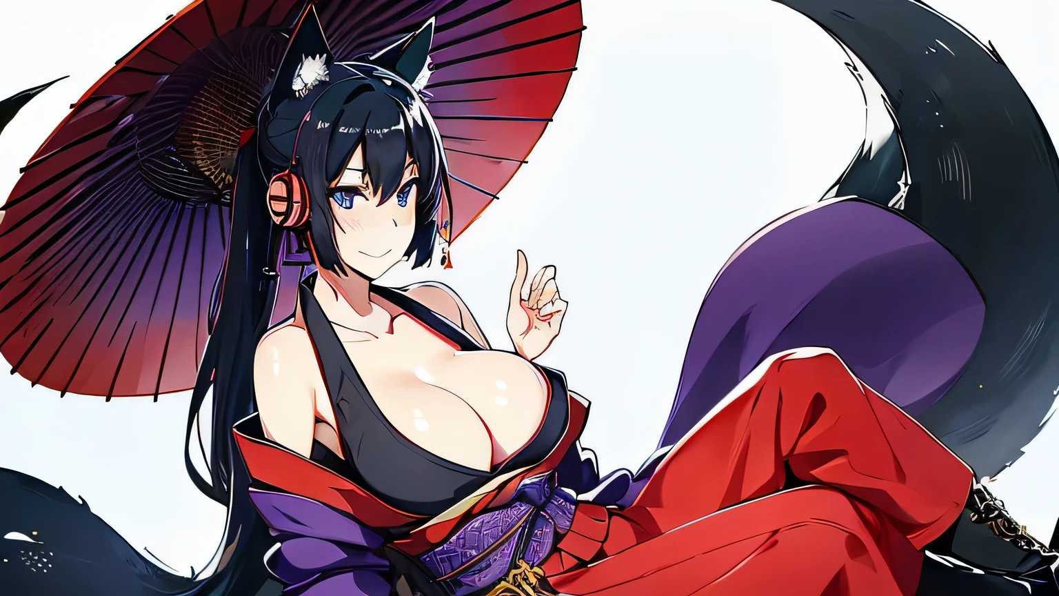 1 girl , alone ,Taisho Modern、、big cleavage、headphone , greenish black hair、ponytail、fox ears、blue eyes、sunglasses、Dark purple kimono、red hair ornament、light purple long hakama、Haori、leather boots、headphones、sunglasses、Japanese umbrella、sexy、charm、Wet、face turns red、far shot , full body