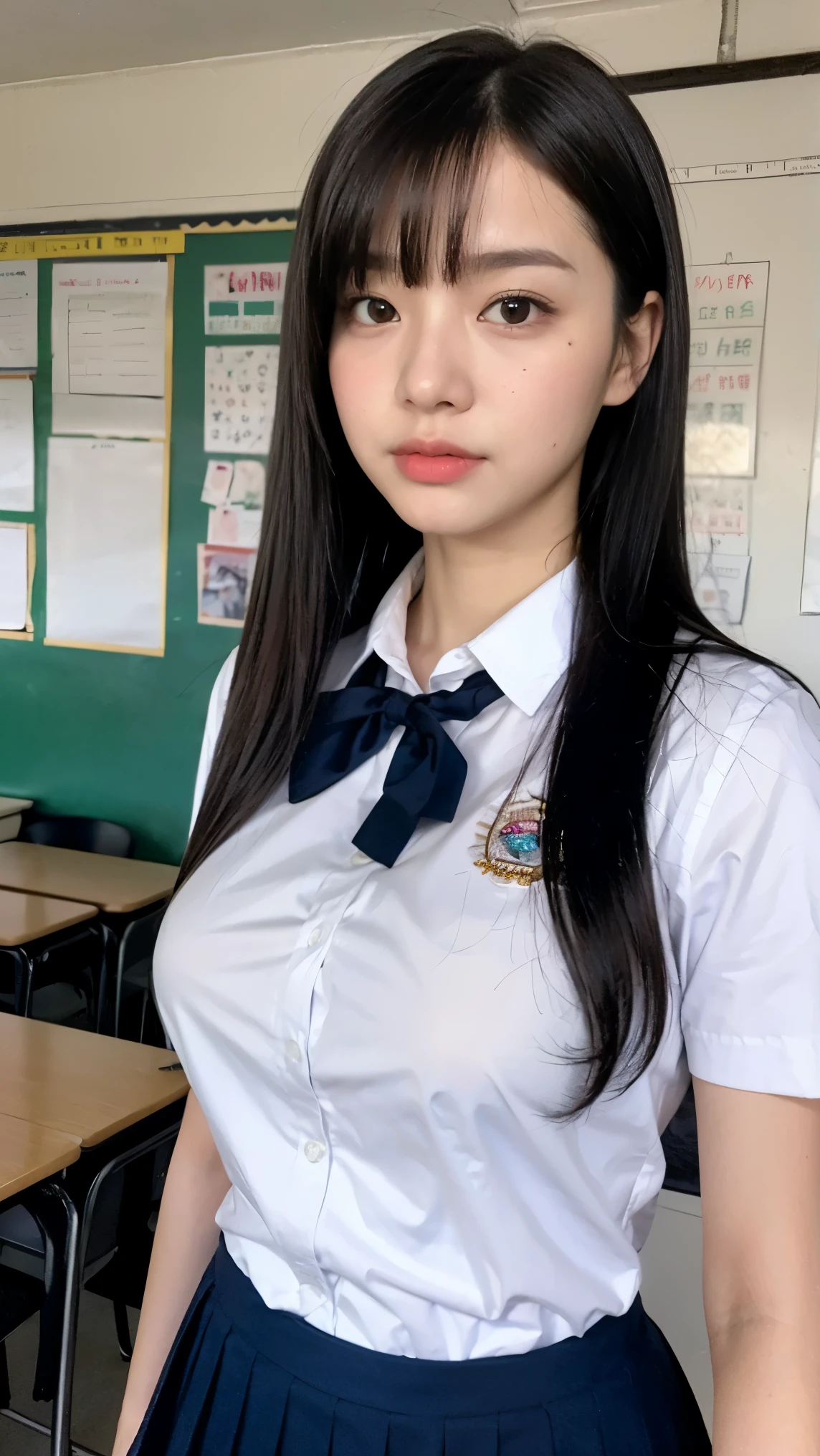 8k、high resolution、masterpiece、realistic、In detail、Fine texture、high contrast、alone、high school girl、natural body shape、white skin、natural makeup、black hair、bangs、straight long hair、、(high 、pleated skirt)、、big breasts、((The upper body is wearing a uniform))、school classroom、look at the camera、