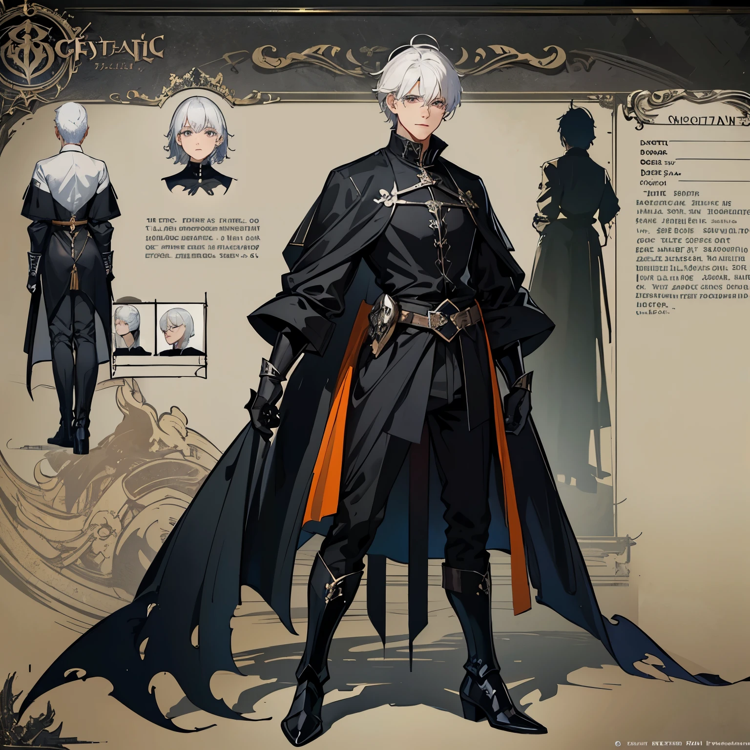 1 boy, solo, white hair, short hair, gray eyes, black shirt, metal cuffs, black gloves, raincoat, high boots, metal greaves, medieval theme, looking at viewer, fantasy art, beautiful painting, guwaika style, epic exquisite character art, stunning characters, (reference sheet:1.5)