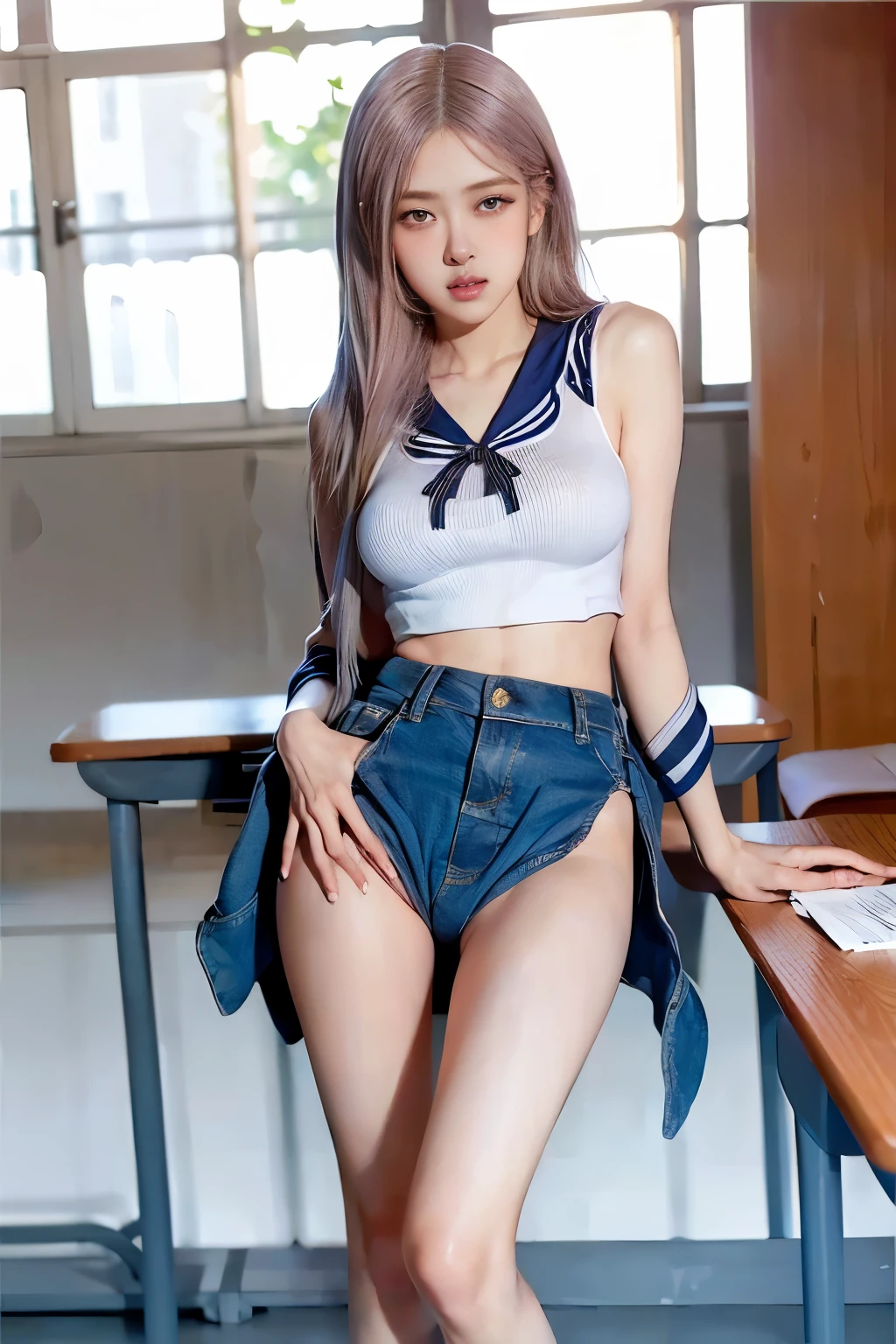 (full body), masterpiece, Highest Quality, The ultra -The high-definition, Top resolution, Detailed eyes, Clean skin, Show off your private parts in the school classroom, Her lower body is naked and her upper body is wearing a sailor suit, Her clothes are rolled up and her breasts are visible, 18-year-old girls, Sweating, My crotch is wet, The chest is firm and the contours are clear.., large full breasts, Lower milk is visible, Shy, with blush cheeks, Show off, pubic area open, Show off your pubic area