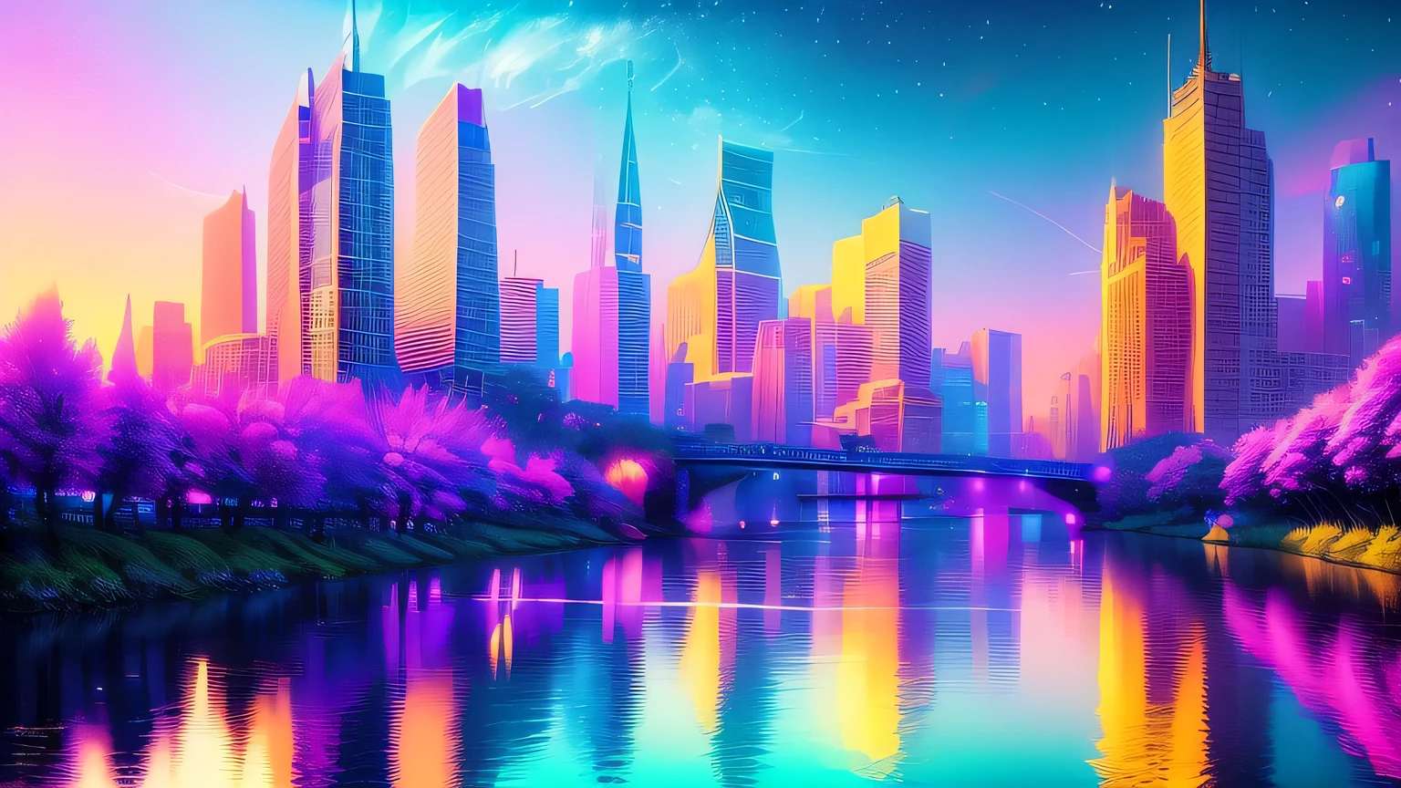 Top quality, colorful art museum, river painting with stars in the sky, glowing skyscrapers, shiny all over, stylish skyscrapers, fantasy art, beautiful anime scenes, dream paintings, fantasy landscape paintings, fantasy knights, beautiful flowers are blooming