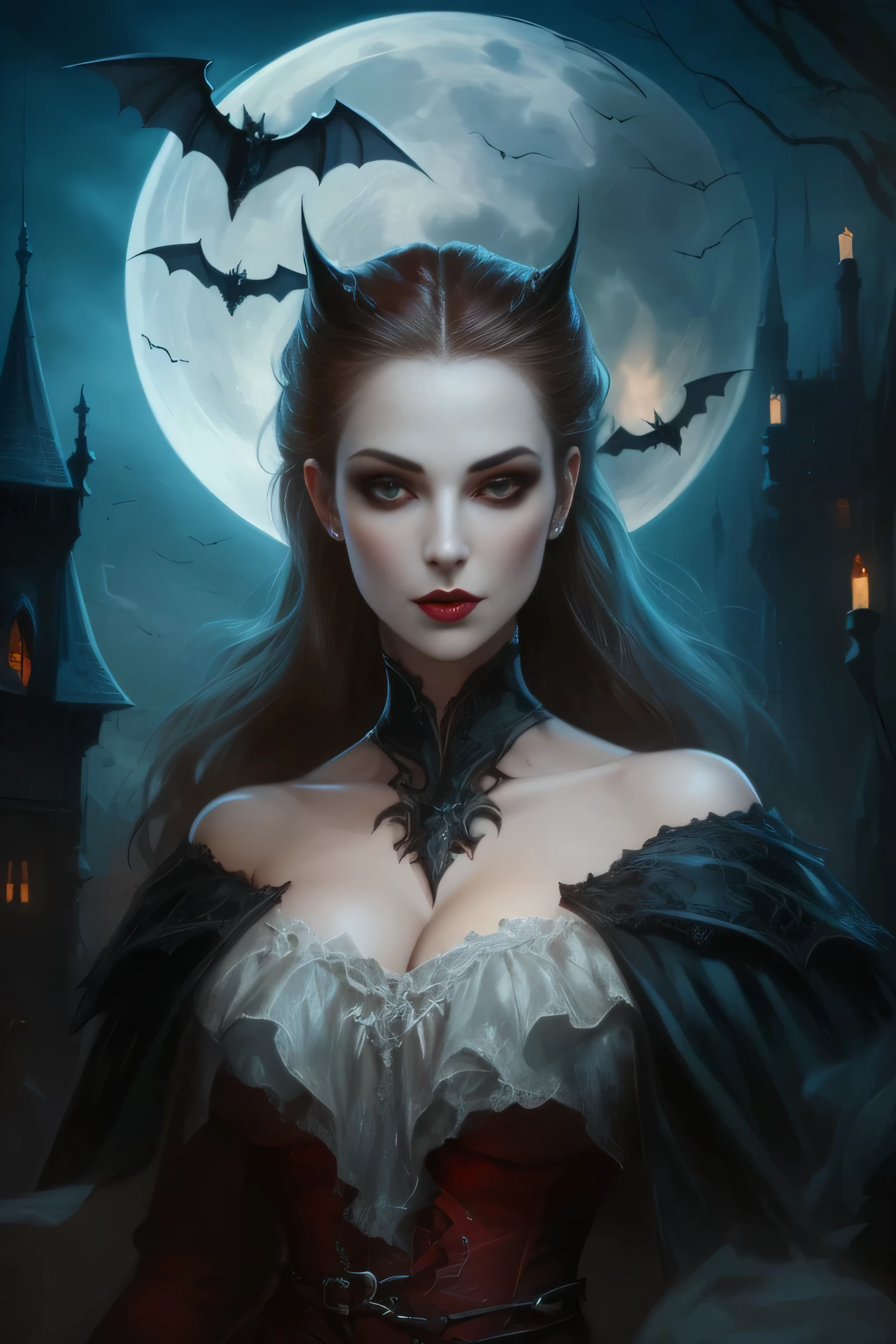 a close up of a woman in a vampire costume with bats, gothic fantasy art, ((Big Breasts)), ((HUGE Breasts)), ((PERFECT HANDS)), dark fantasy style art, vampires fantasy, in style of dark fantasy art, female vampire, dark fantasy art, fantasy horror art, beautiful vampire queen, dark fantasy horror art, portrait of a lady vampire, in style of anne stokes, dark fantasy artwork, vampire portrait, beautiful vampire female queen